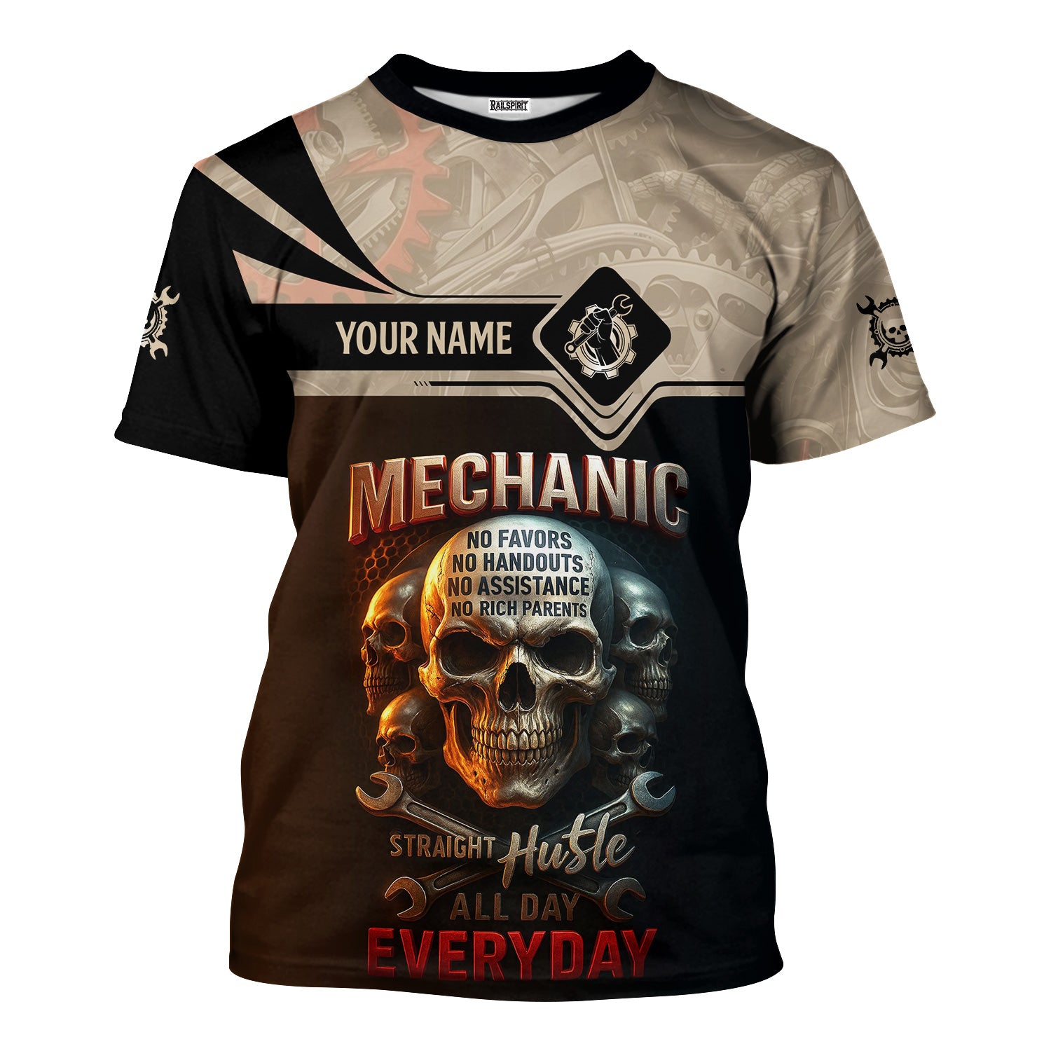 Personalized Mechanic Shirt, Straight Hustle All Day Everyday, Skull and Wrenchs Design, Gift For Men