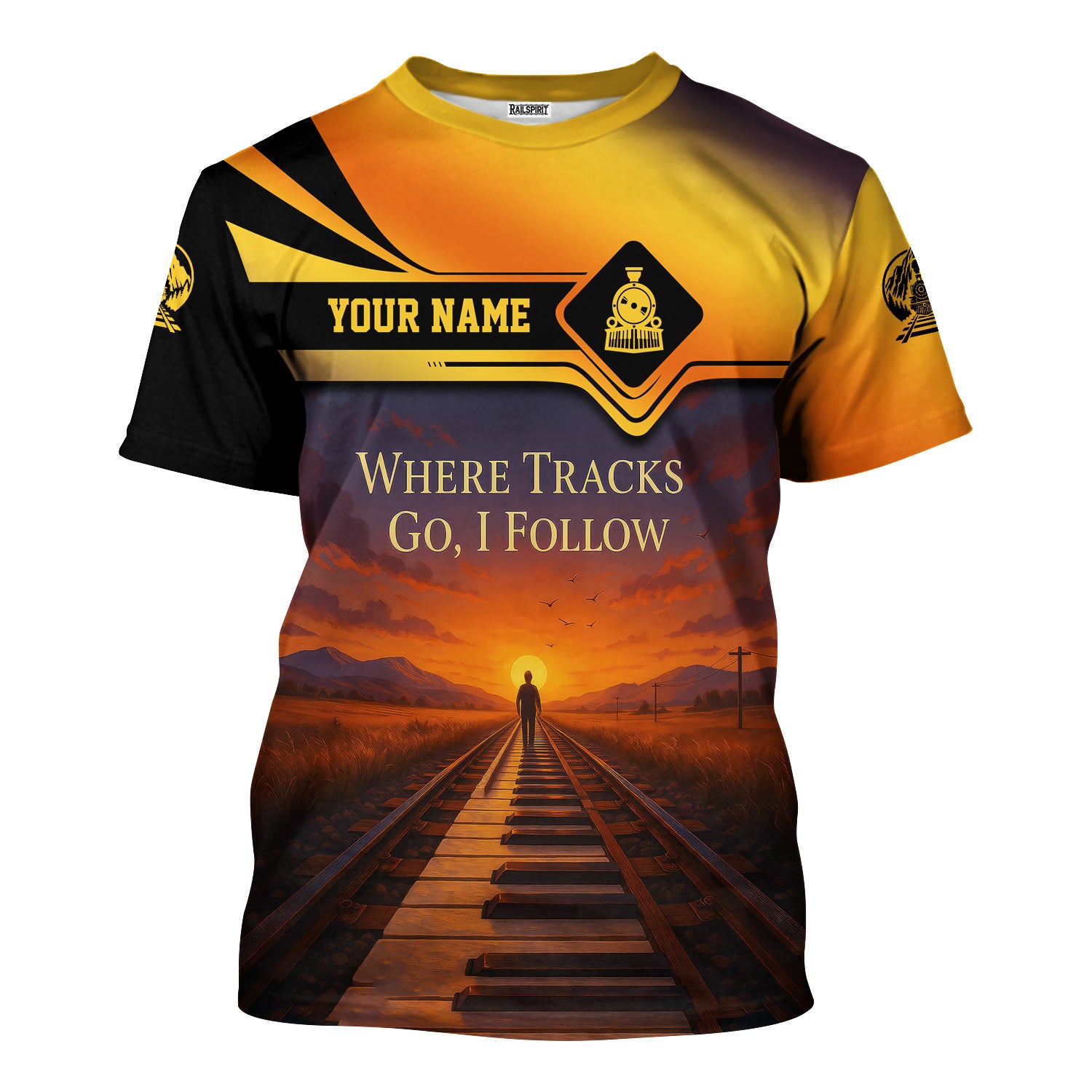 Custom Name Steam Train T-shirt, Where Tracks Go I Follow, Railroad with Sunset Design, Train Lover Gift