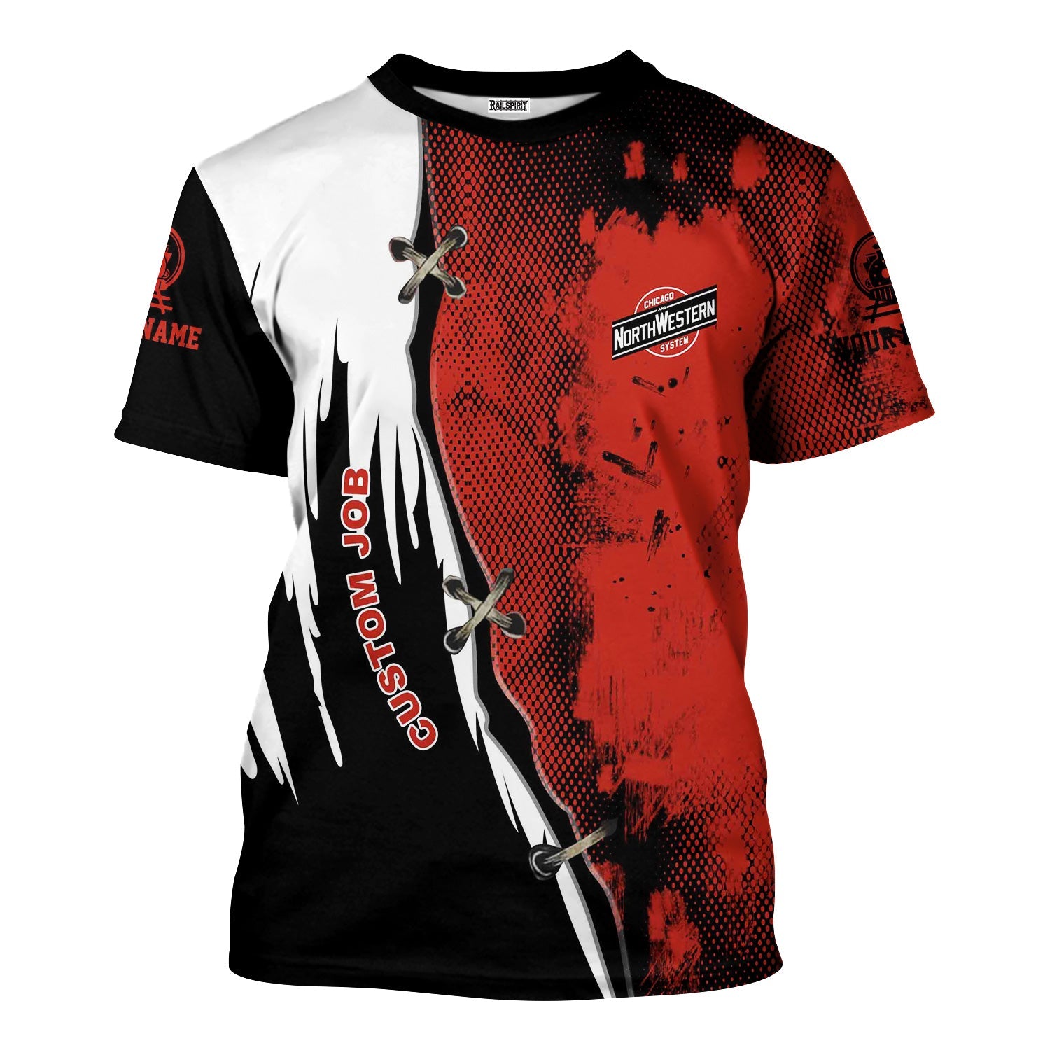 Railspirit Personalized Chicago and North Western Railway T-Shirt Retro Stitches Design with Custom Position Train Shirt