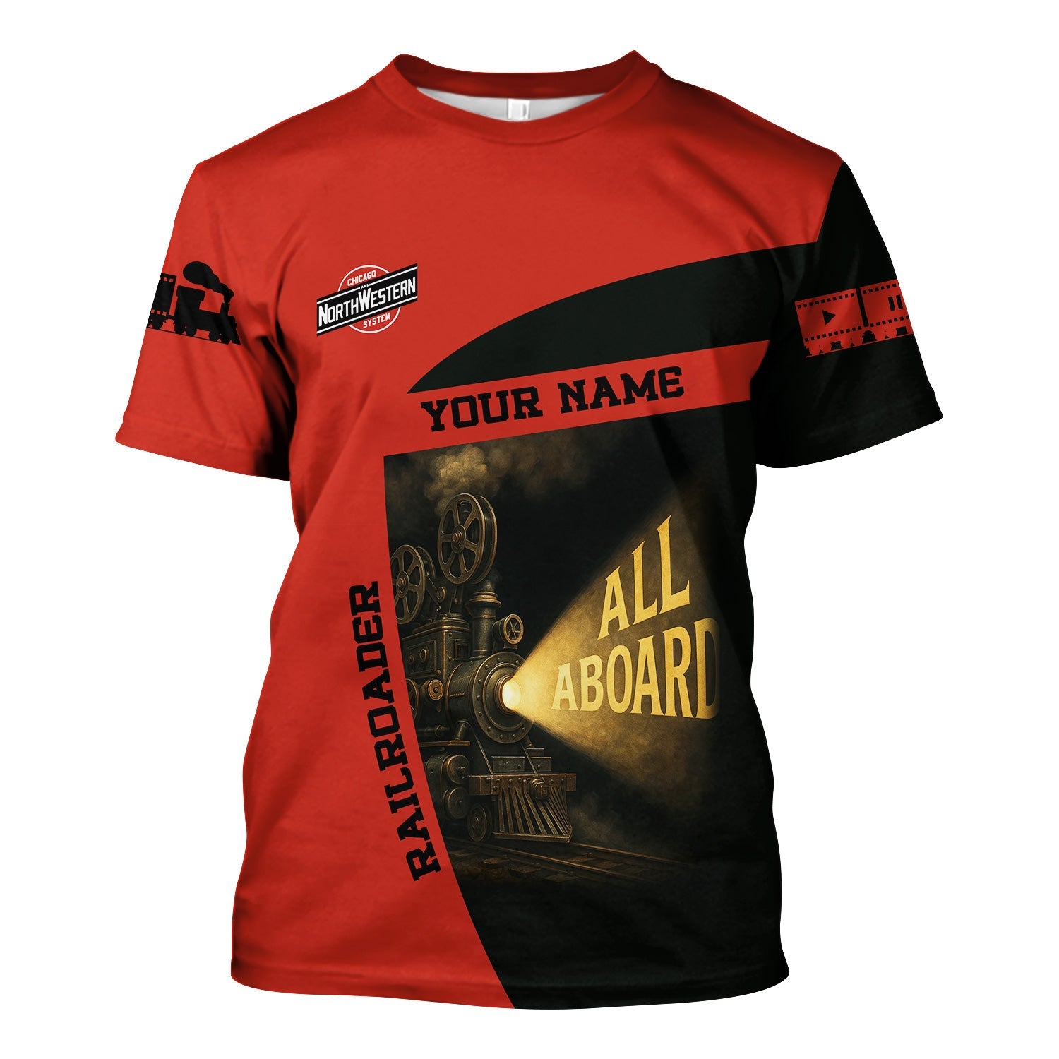 Railspirit Personalized Chicago and North Western Railway T-Shirt All Aboard Steam Train Movie Projector Style Shirt