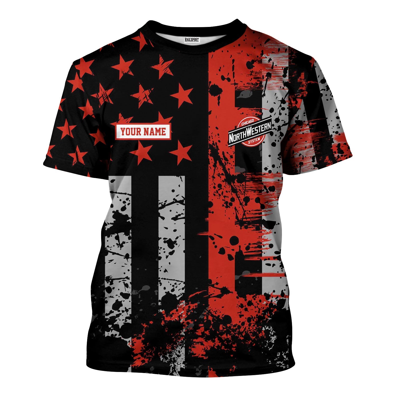 Railspirit Personalized Chicago and North Western Railway T-Shirt Artistic Paint American Flag Style Train Shirt