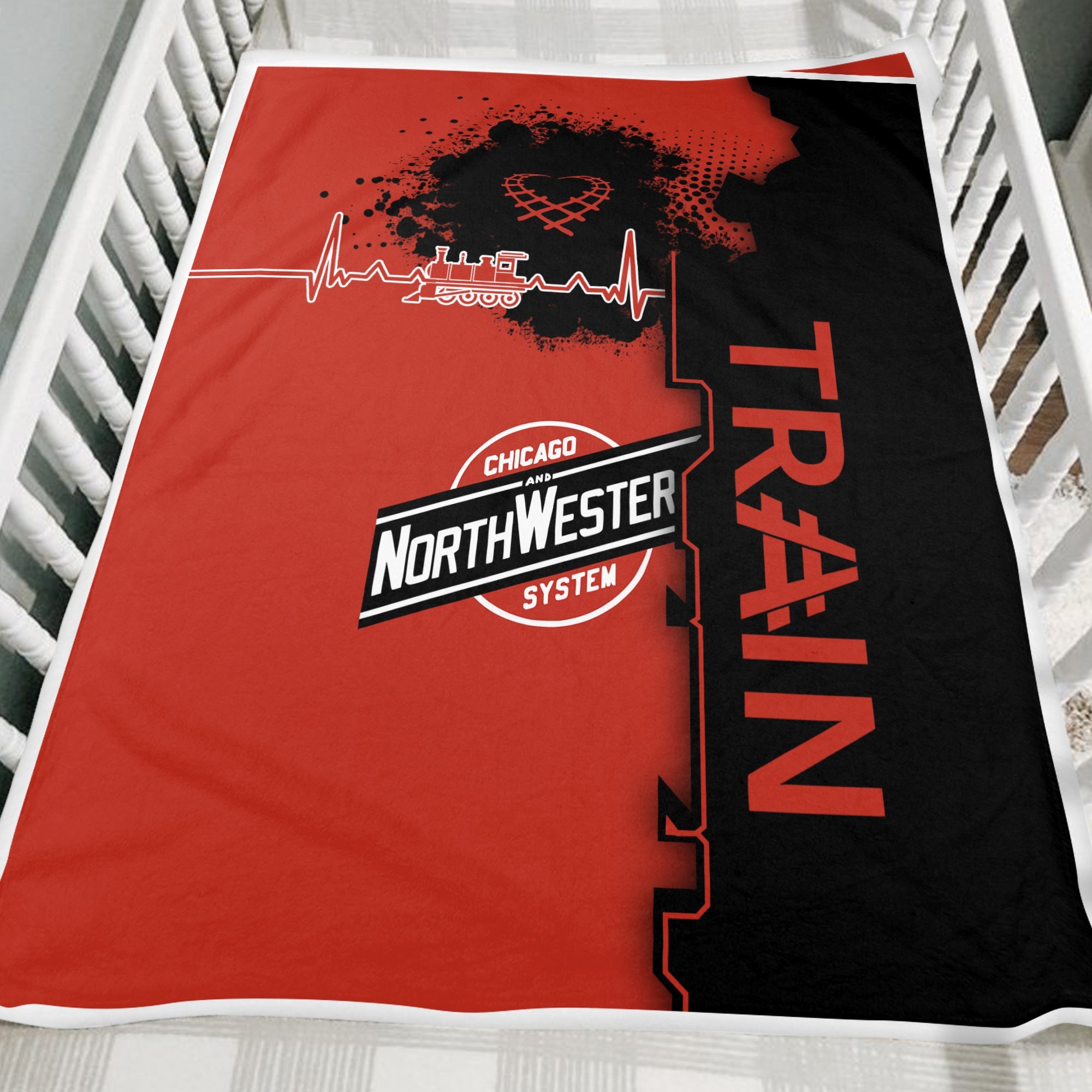 Railspirit Chicago and North Western Railway Blanket Engine Heartbeat and Track Love Style Blanket Gift Idea For Train Lovers