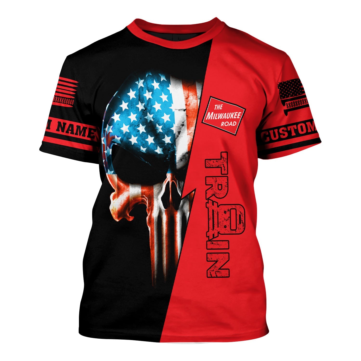 Railspirit Personalized Chicago, Milwaukee, St. Paul and Pacific Railroad T-Shirt Train Skull American Flag Milwaukee Road Shirt All Over Print
