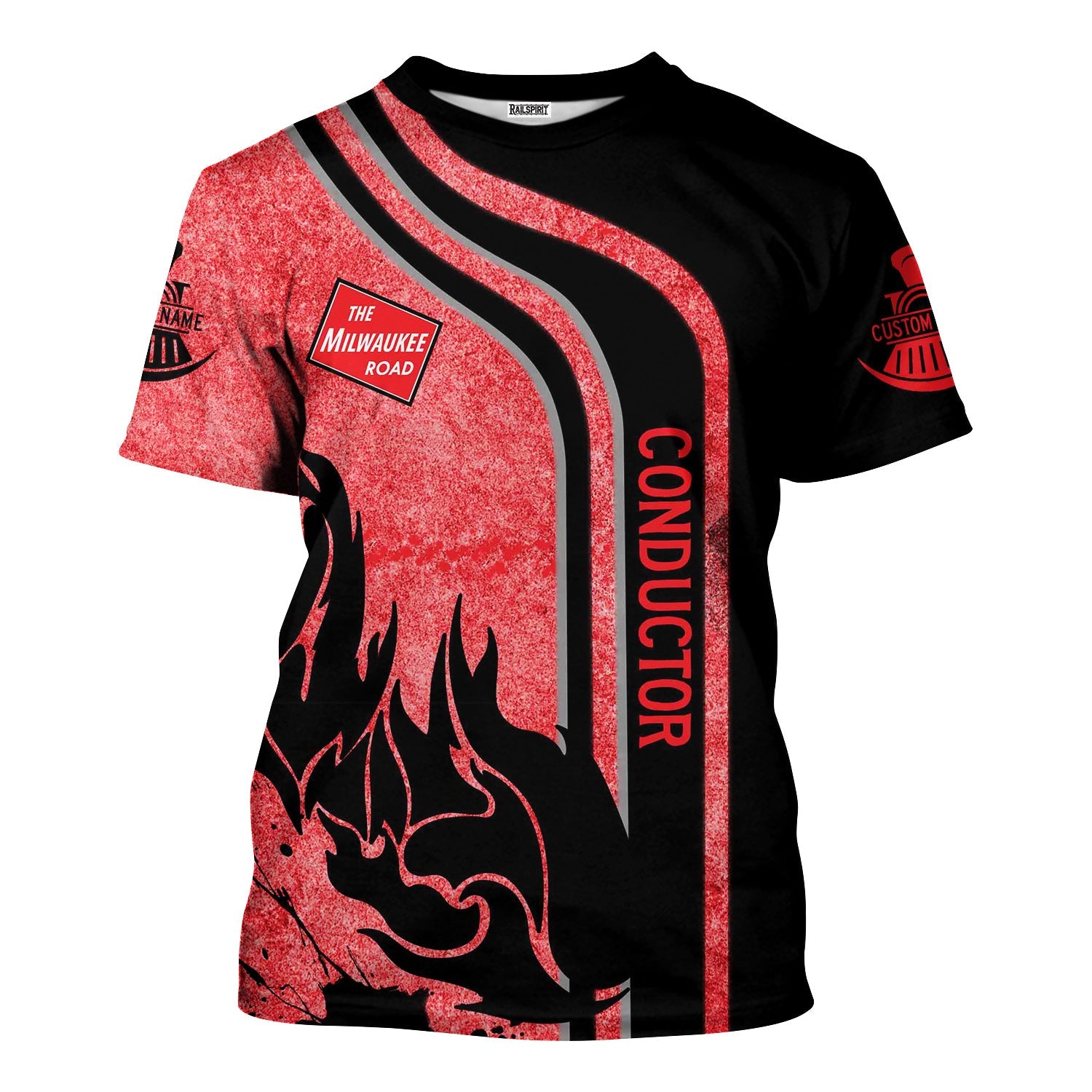 Railspirit Personalized Chicago, Milwaukee, St. Paul and Pacific Railroad T-Shirt Flame Design with Custom Job Position Milwaukee Road Train Shirt