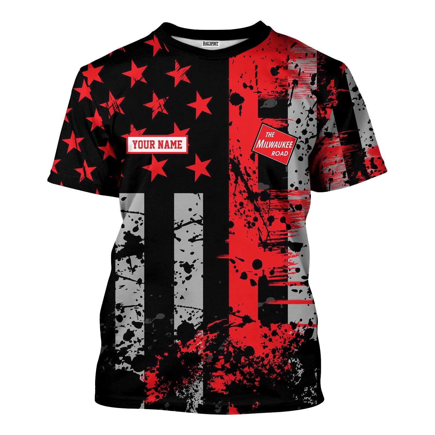 Railspirit Personalized Chicago, Milwaukee, St. Paul and Pacific Railroad T-Shirt Artistic Paint American Flag Style Milwaukee Road Train Shirt