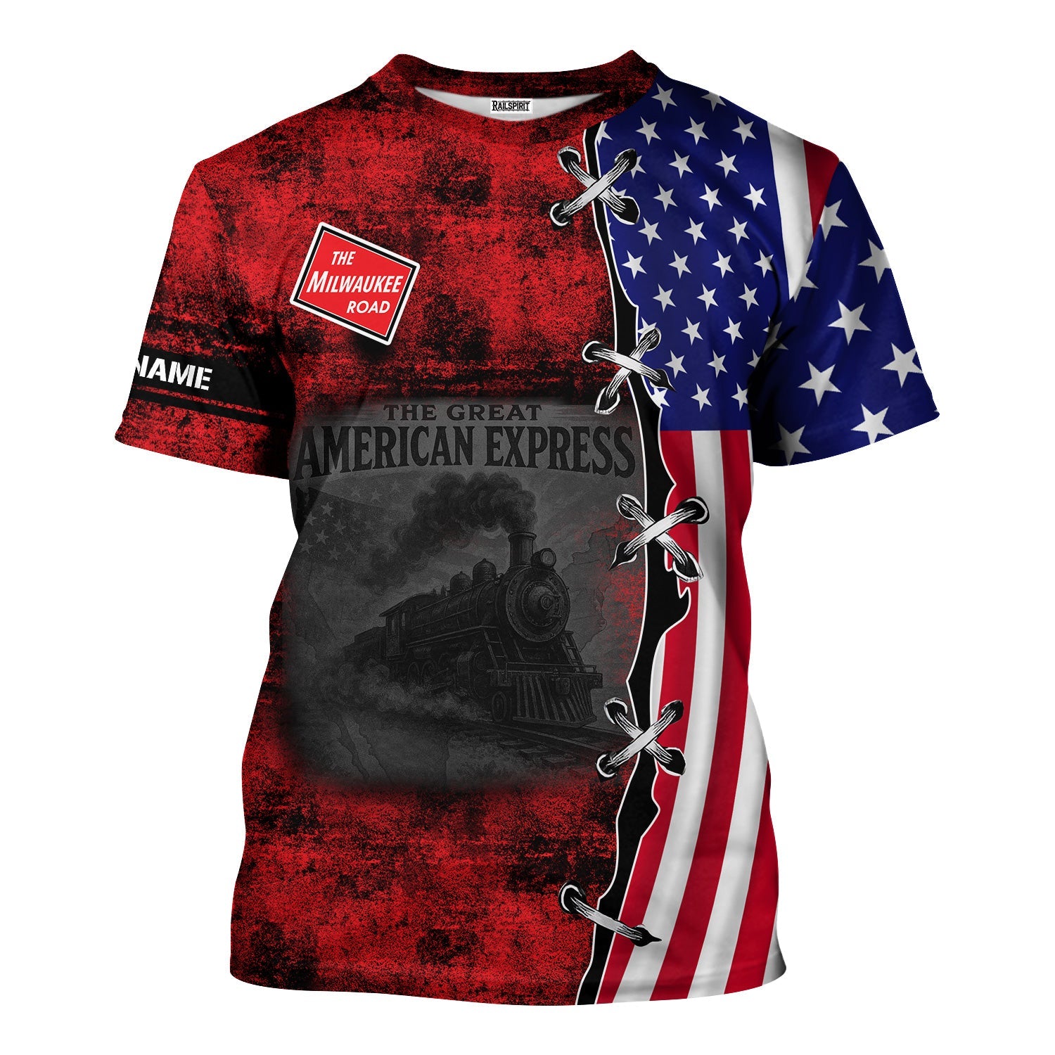 Railspirit Personalized Chicago, Milwaukee, St. Paul and Pacific Railroad T-Shirt Retro American Express Train With USA Flag Milwaukee Road Shirt