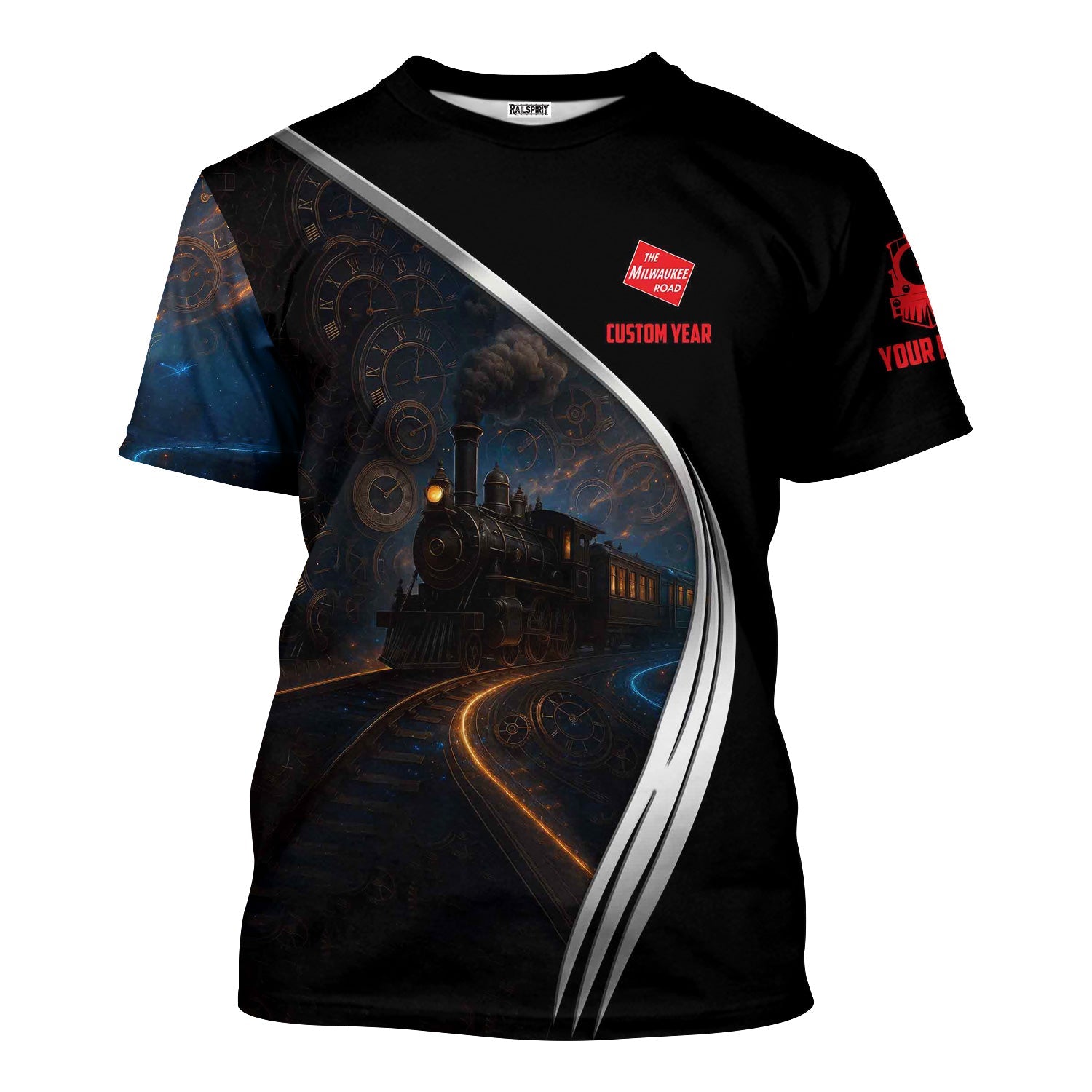 Railspirit Personalized Chicago, Milwaukee, St. Paul and Pacific Railroad T-Shirt Steampunk Locomotive with Custom Year Milwaukee Road Train Shirt