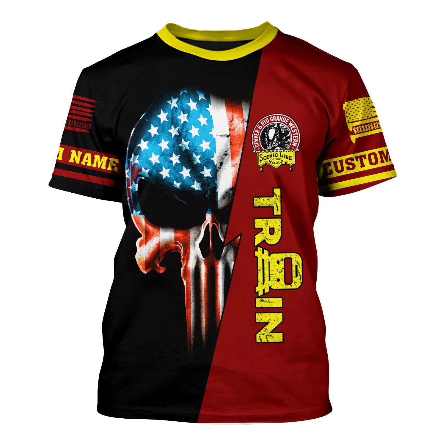 Railspirit Personalized Denver and Rio Grande Western Railroad T-Shirt Train Skull American Flag Shirt All Over Print