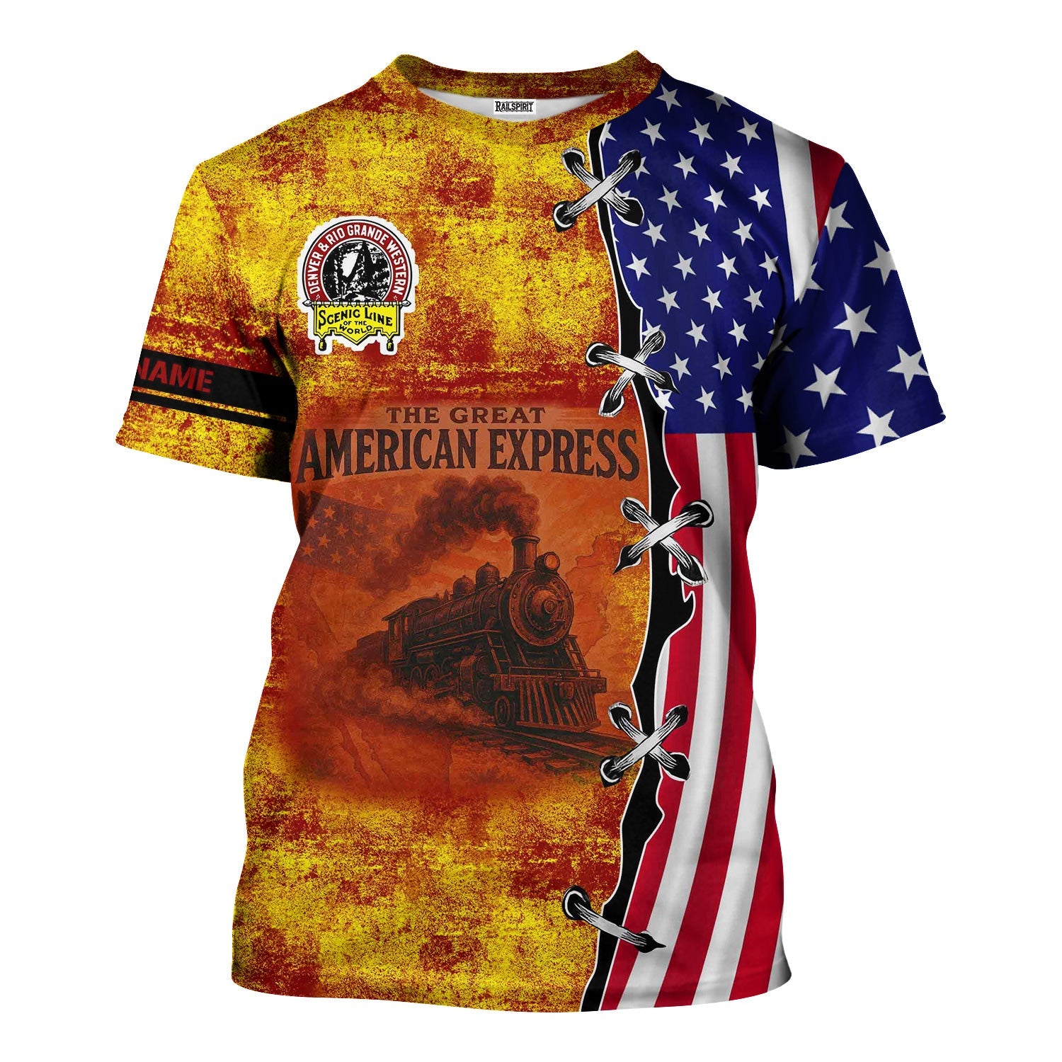 Railspirit Personalized Denver and Rio Grande Western Railroad T-Shirt Retro American Express Train With USA Flag Shirt