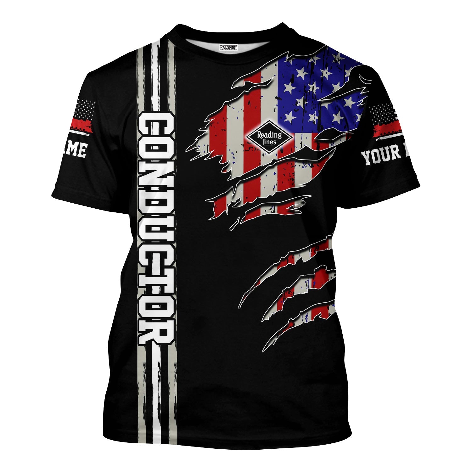 Railspirit Personalized Reading Railroad T-Shirt USA Flag Claw Art with Custom Job Train Shirt