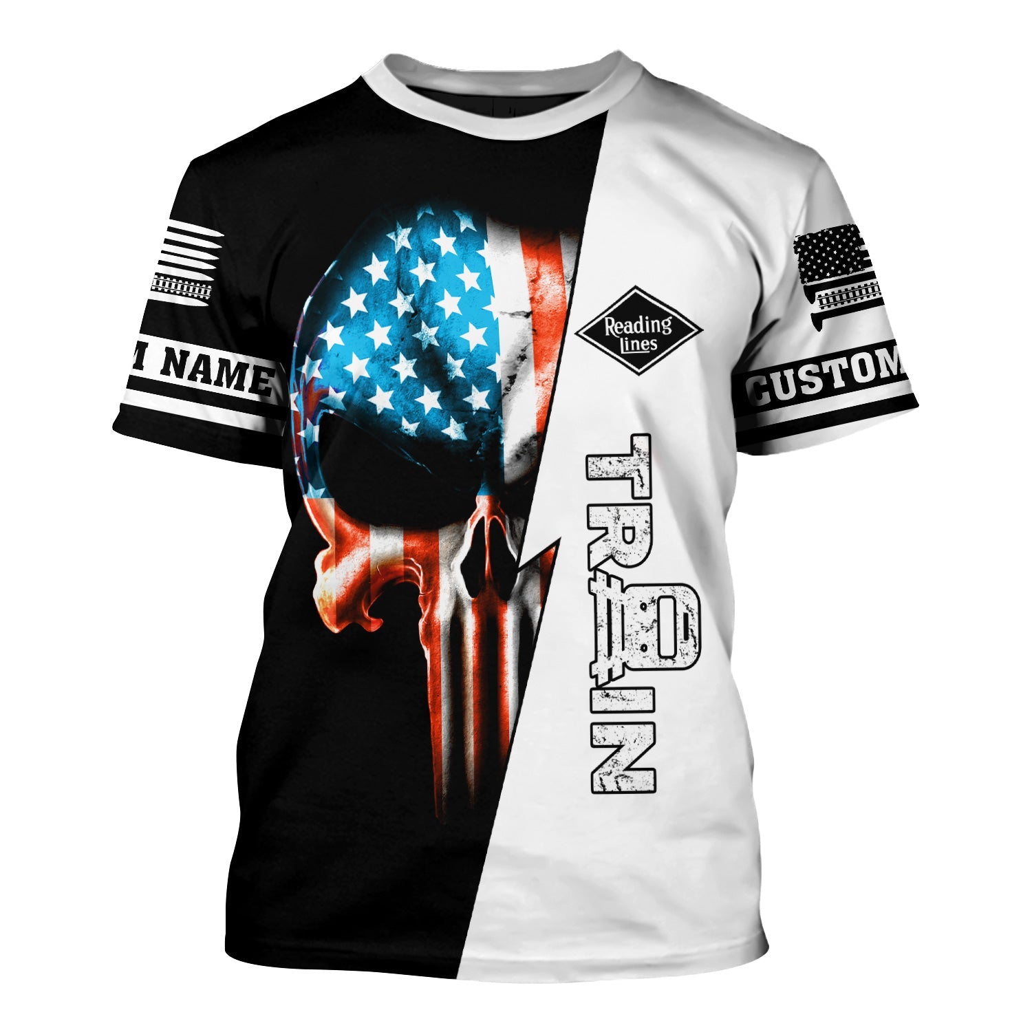 Railspirit Personalized Reading Railroad T-Shirt Train Skull American Flag Shirt All Over Print
