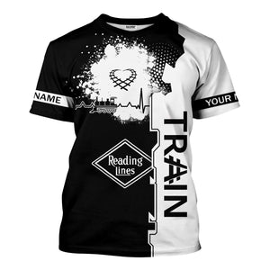 Railspirit Personalized Reading Railroad T-Shirt Engine Heartbeat and Track Love Style Shirt Gift Idea For Train Lovers