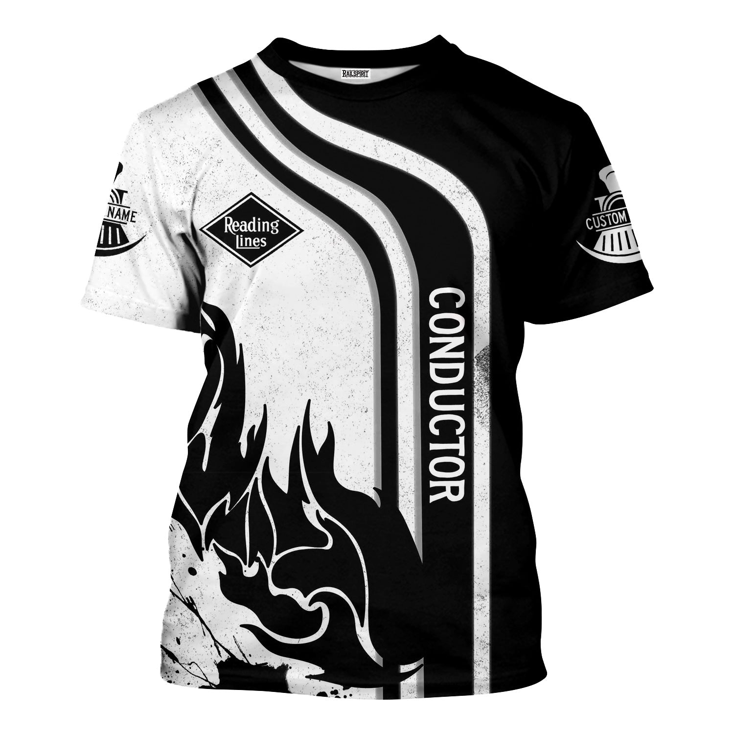 Railspirit Personalized Reading Railroad T-Shirt Flame Design with Custom Job Position Train Shirt
