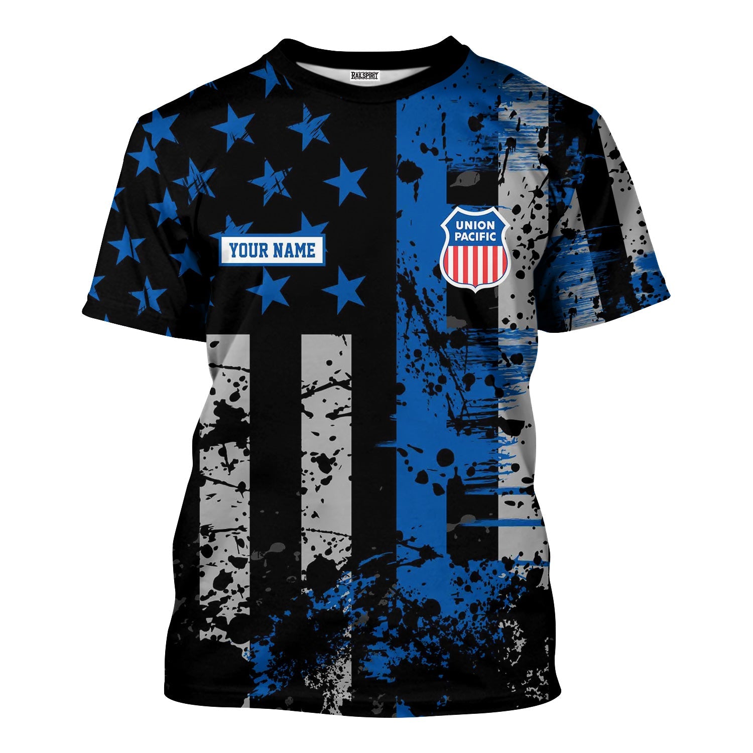 Railspirit Personalized Union Pacific Railroad T-Shirt Artistic Paint American Flag Style Big Boy Train Shirt