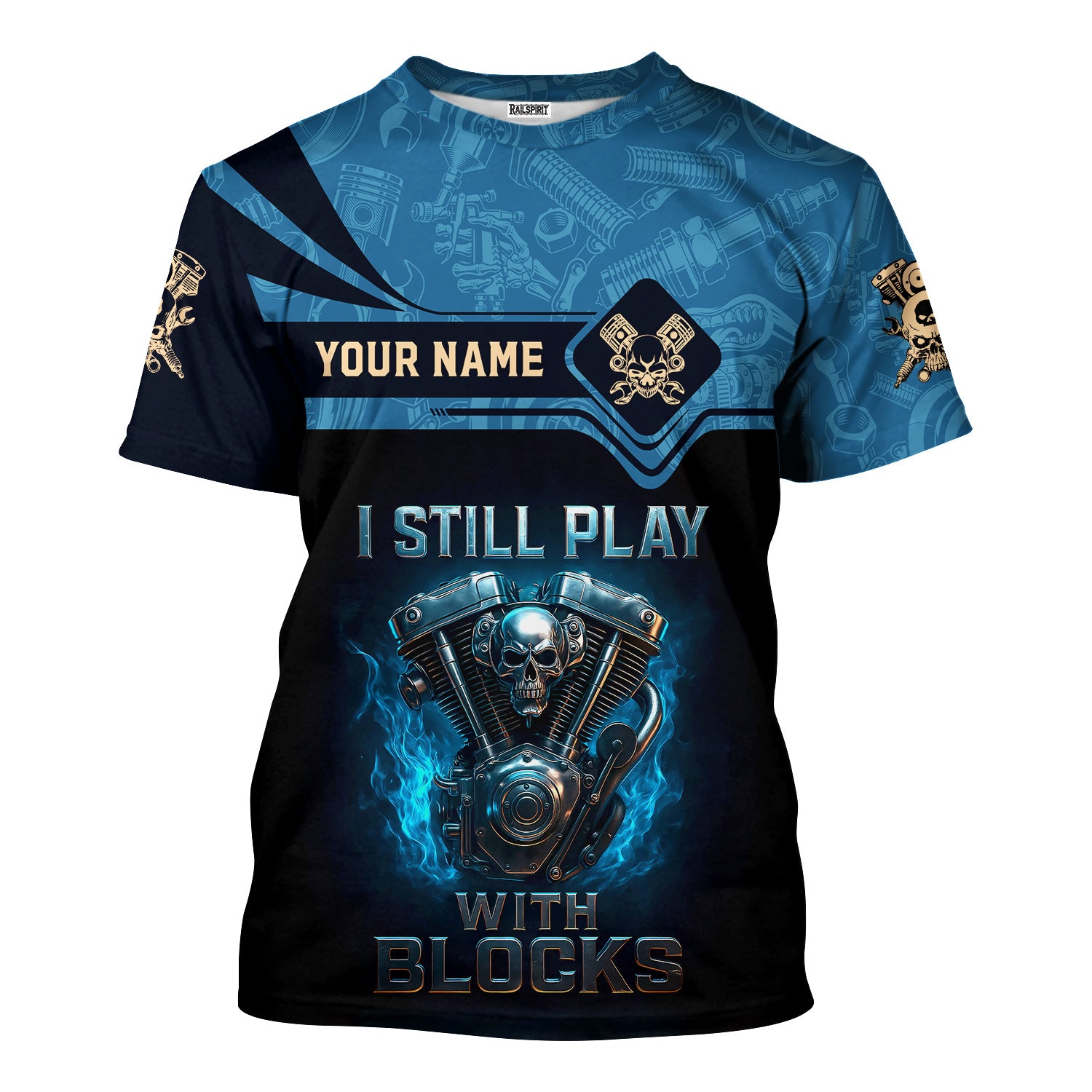 Personalized T-Shirt I Still Play With Blocks Flame Engine Skull Design Shirt for Mechanics
