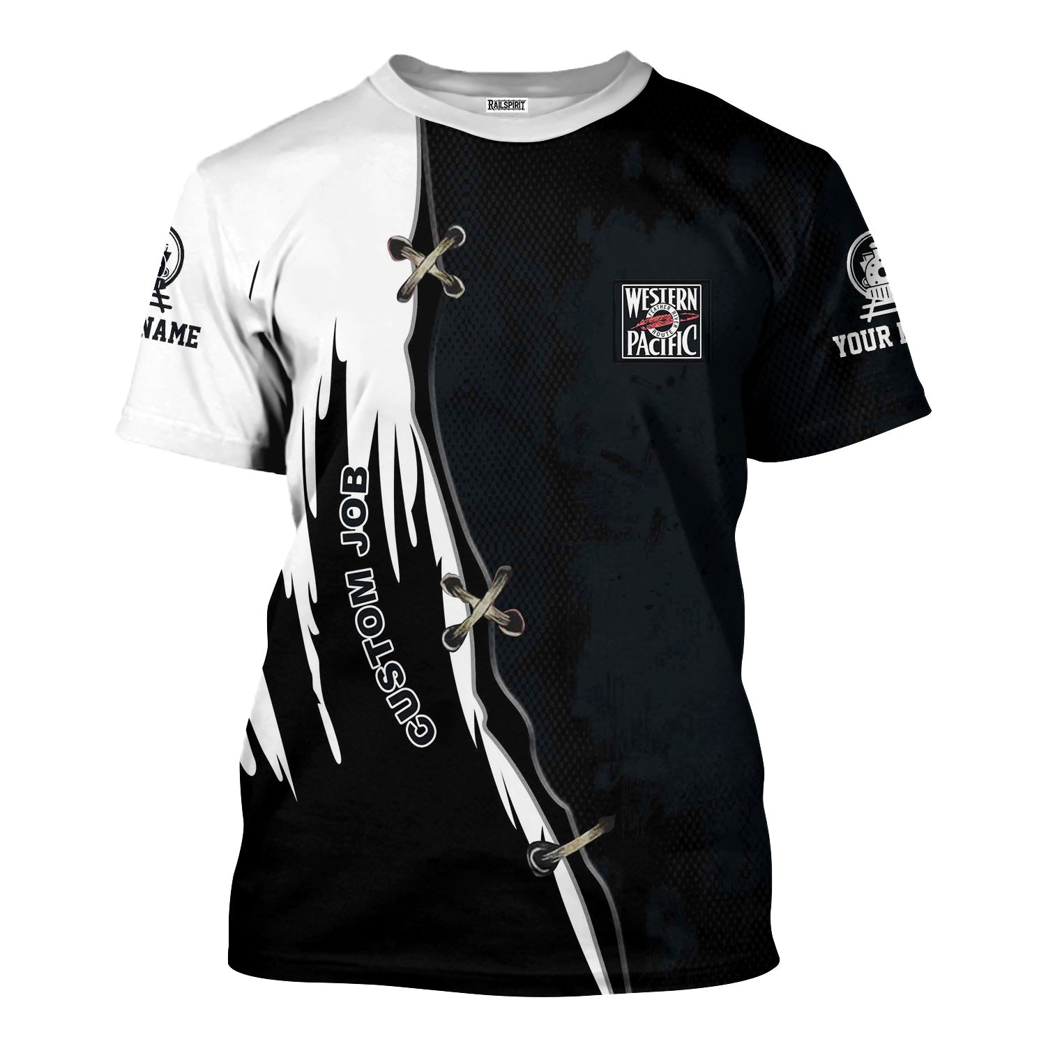 Railspirit Personalized Western Pacific Railroad T-Shirt Retro Stitches Design with Custom Position Train Shirt