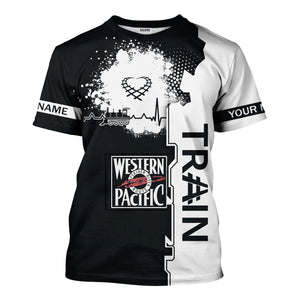 Railspirit Personalized Western Pacific Railroad T-Shirt Engine Heartbeat and Track Love Style Shirt Gift Idea For Train Lovers