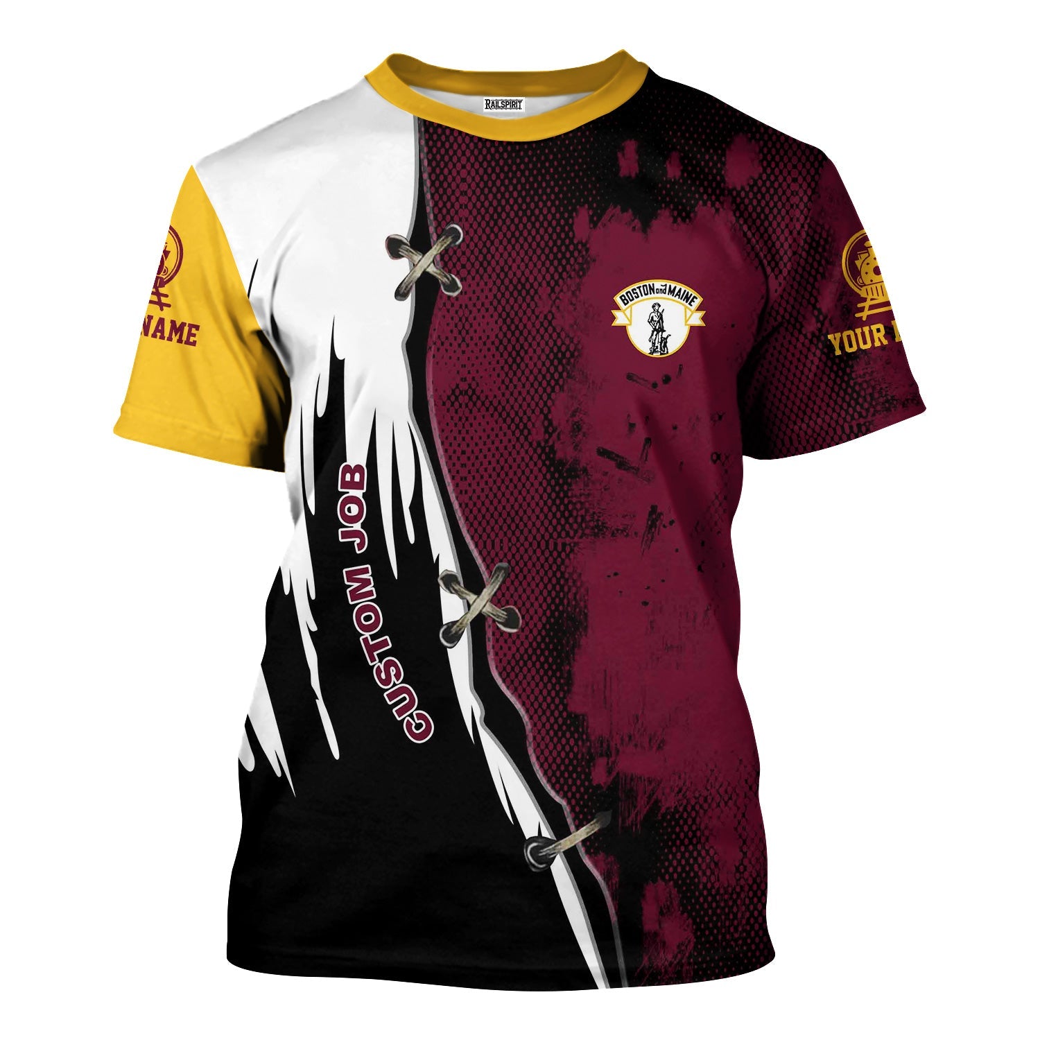 Railspirit Personalized Boston and Maine Railroad T-Shirt Retro Stitches Design with Custom Position Train Shirt