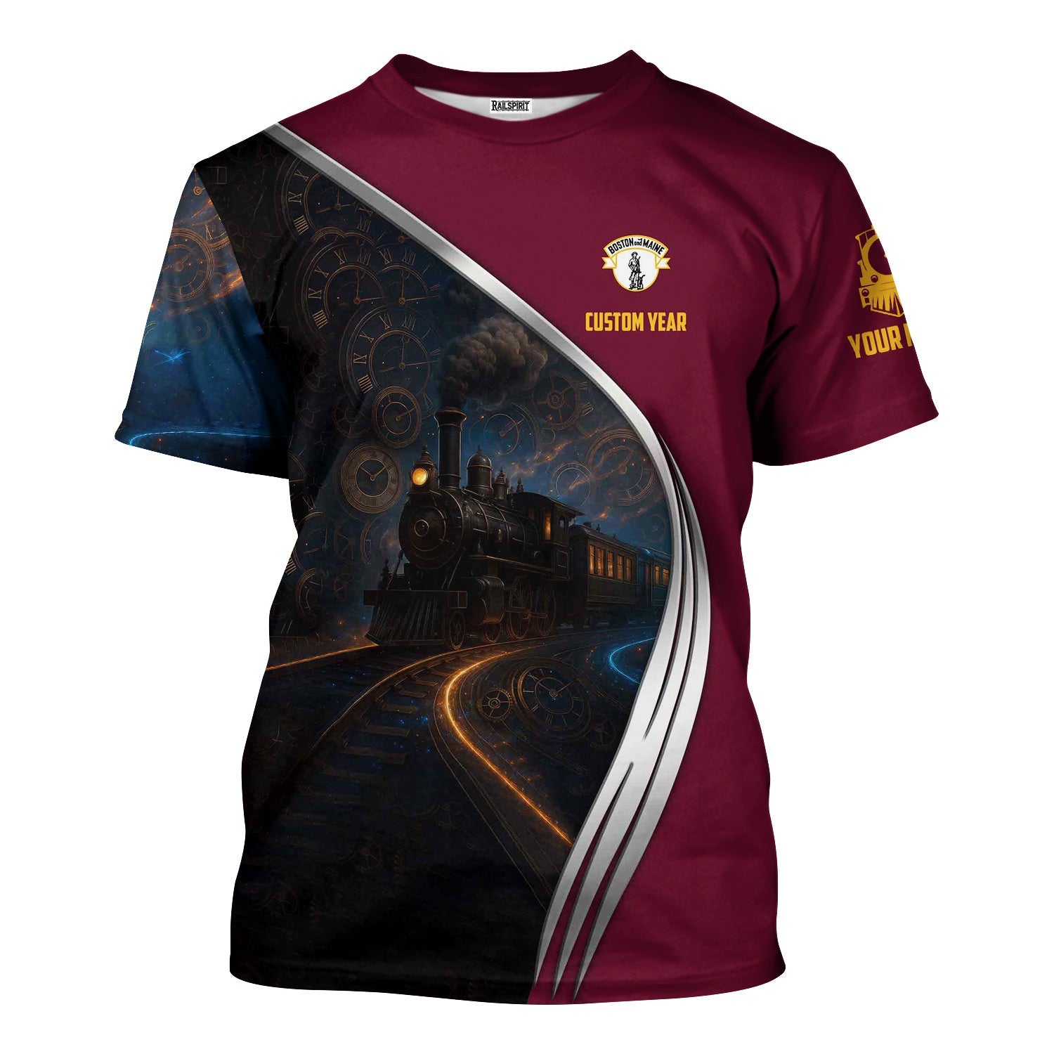 Railspirit Personalized Boston and Maine Railroad T-Shirt Steampunk Locomotive with Custom Year Train Shirt