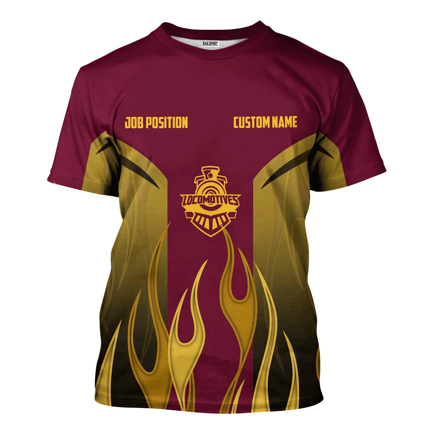 Railspirit Custom Name and Job Title Boston and Maine Railroad T-Shirt Flame Graphic Train Shirt