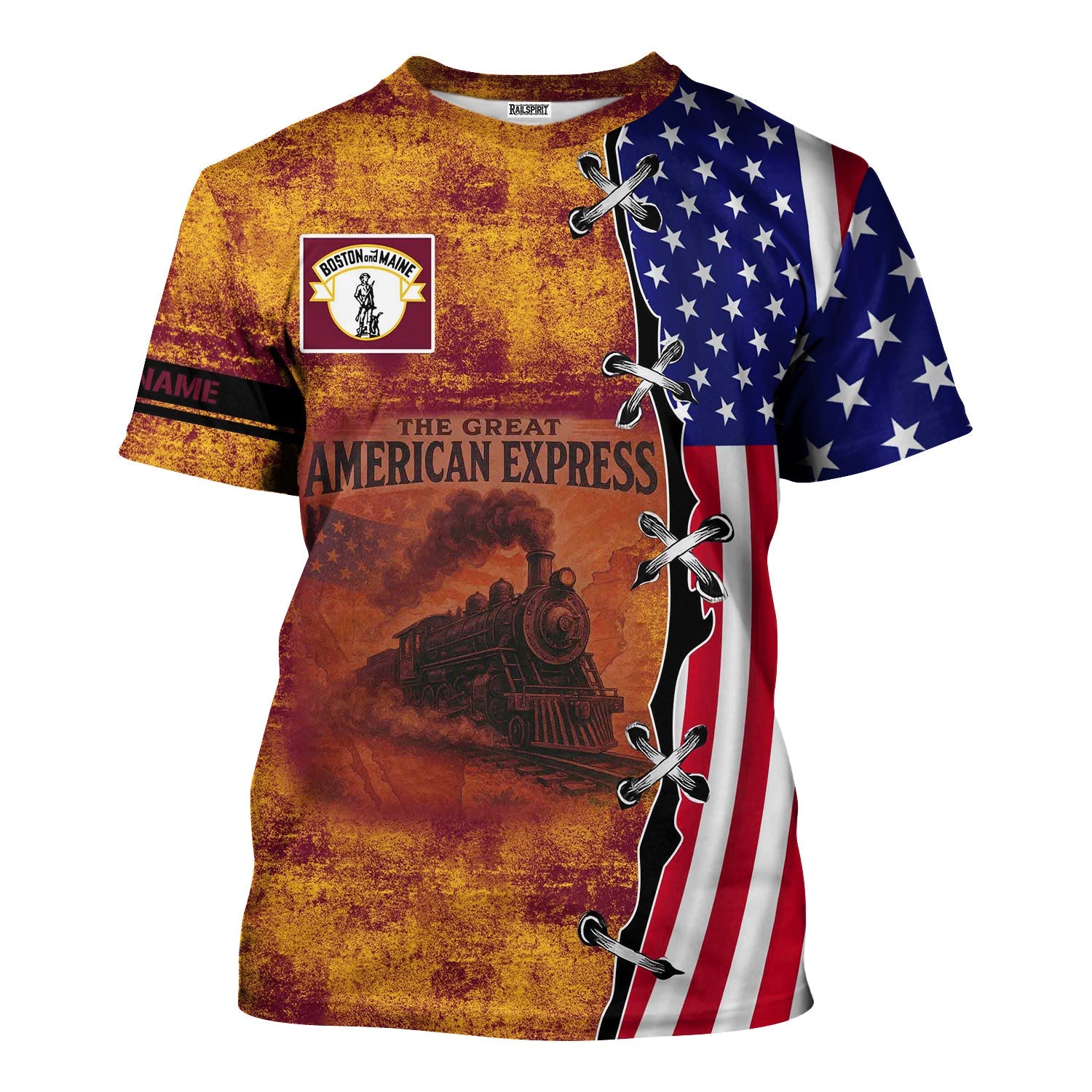 Railspirit Personalized Boston and Maine Railroad T-Shirt Retro American Express Train With USA Flag Shirt
