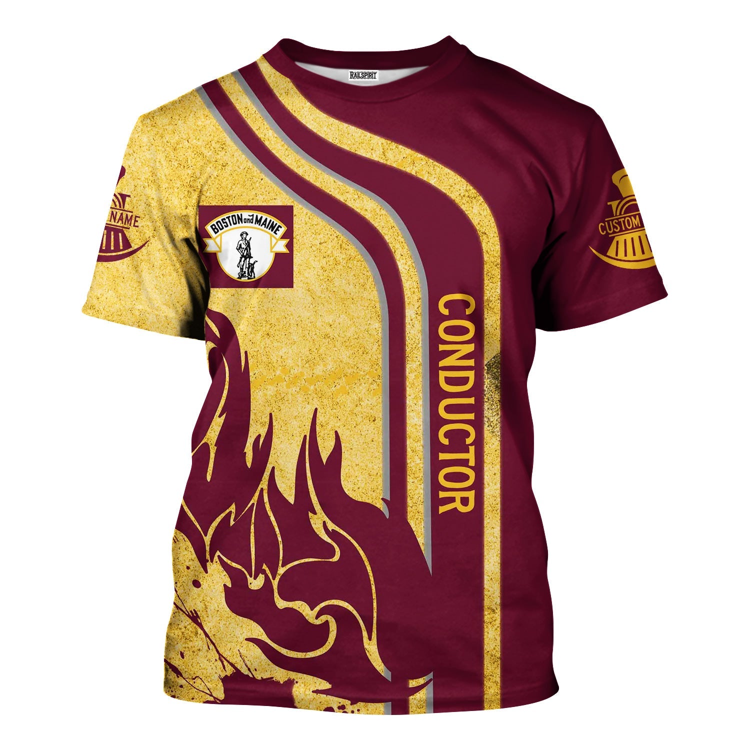 Railspirit Personalized Boston and Maine Railroad T-Shirt Flame Design with Custom Job Position Train Shirt