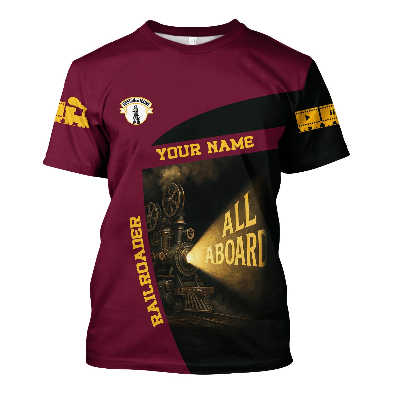 Railspirit Personalized Boston and Maine Railroad T-Shirt All Aboard Steam Train Movie Projector Style Shirt