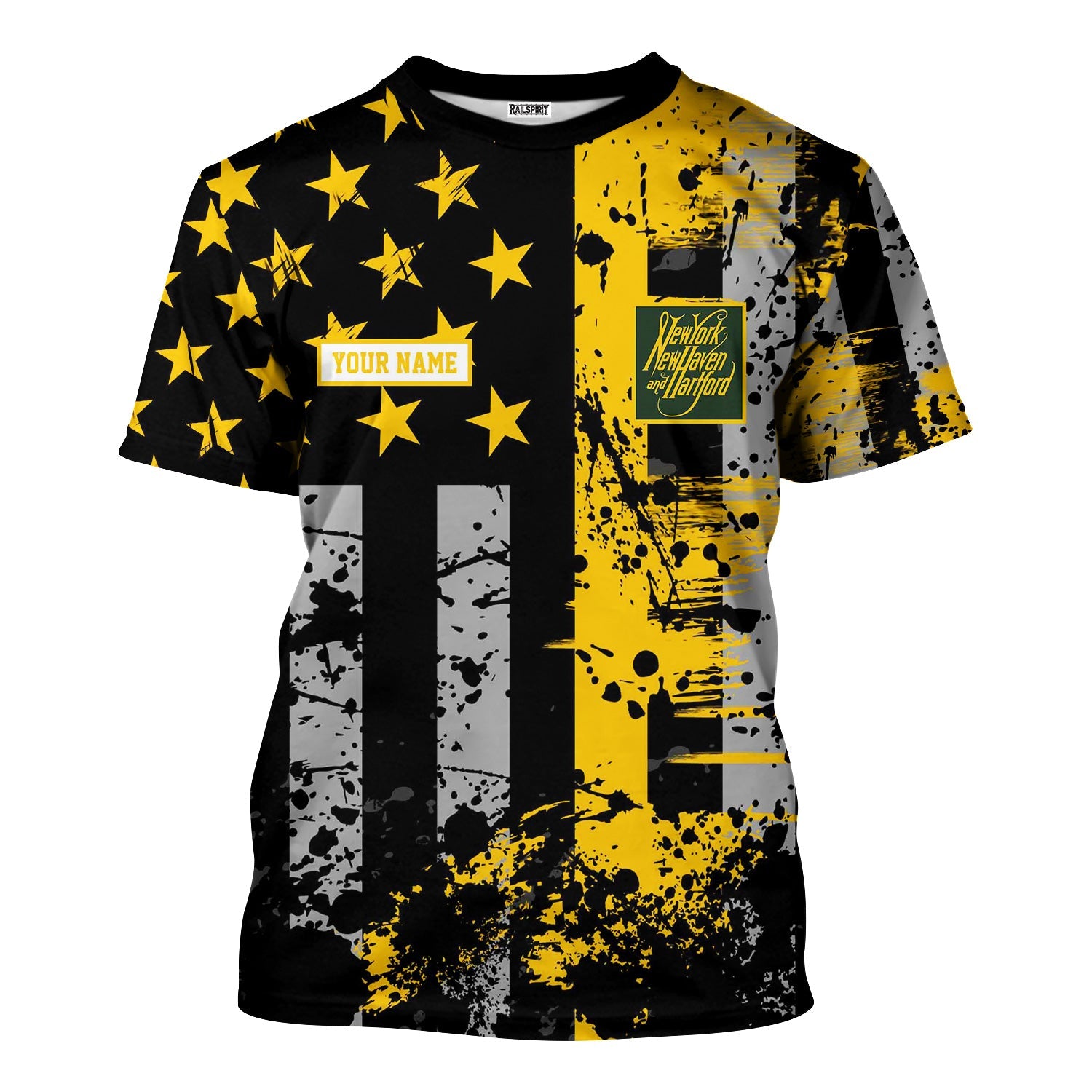 Railspirit Personalized New York, New Haven and Hartford Railroad T-Shirt Artistic Paint American Flag Style New Haven Railroad Train Shirt