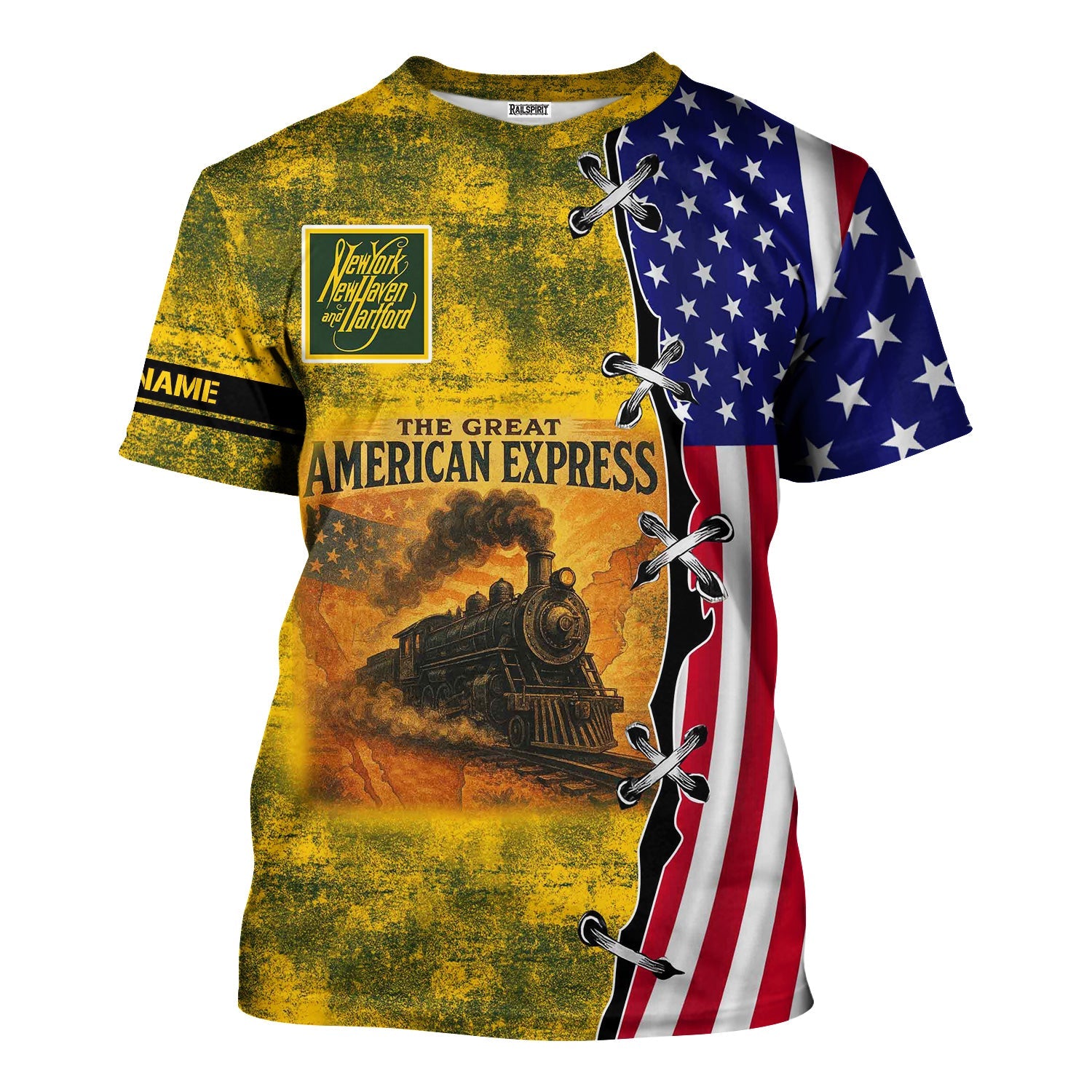 Railspirit Personalized New York, New Haven and Hartford Railroad T-Shirt Retro American Express Train With USA Flag New Haven Railroad Shirt