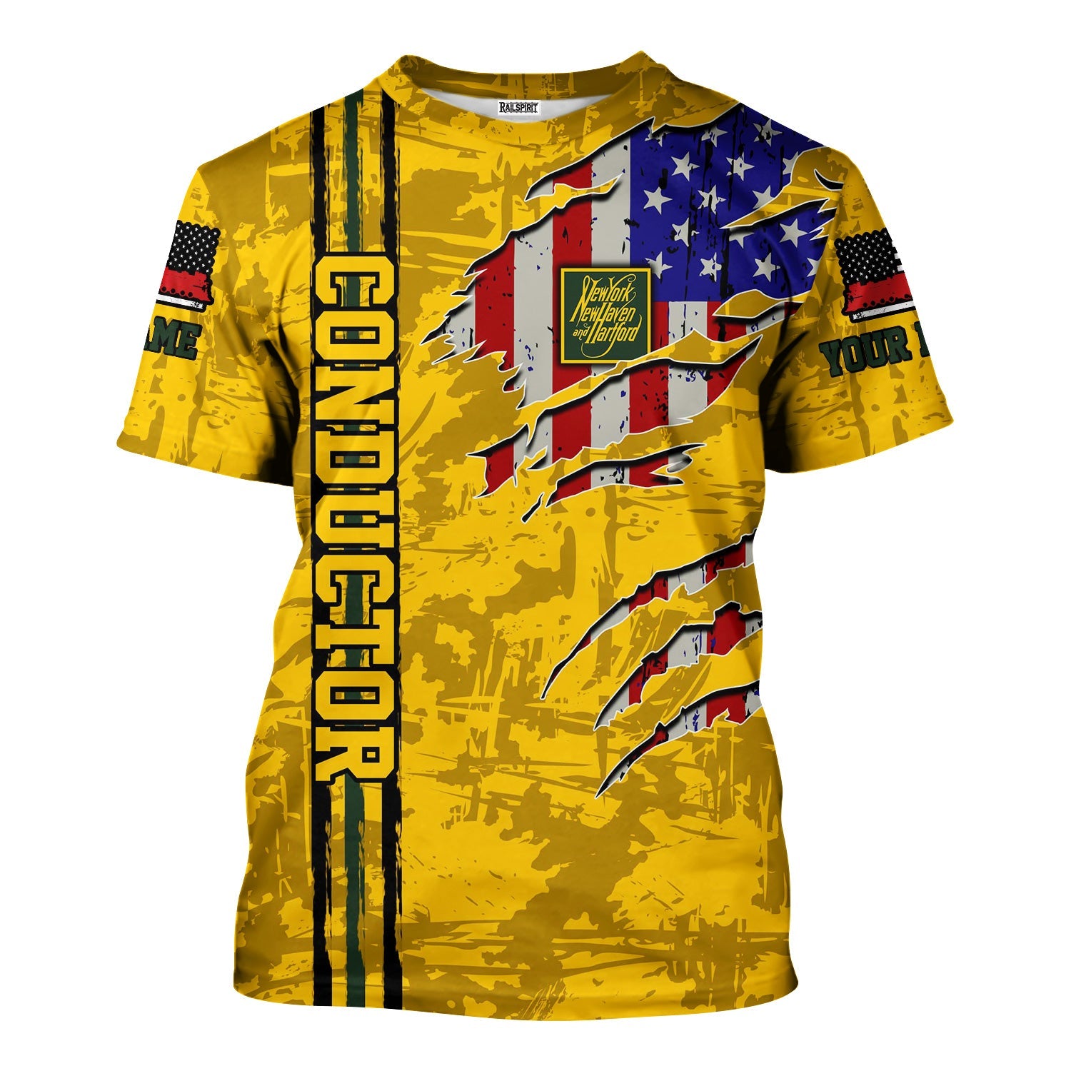 Railspirit Personalized New York, New Haven and Hartford Railroad T-Shirt USA Flag Claw Art with Custom Job New Haven Railroad Train Shirt