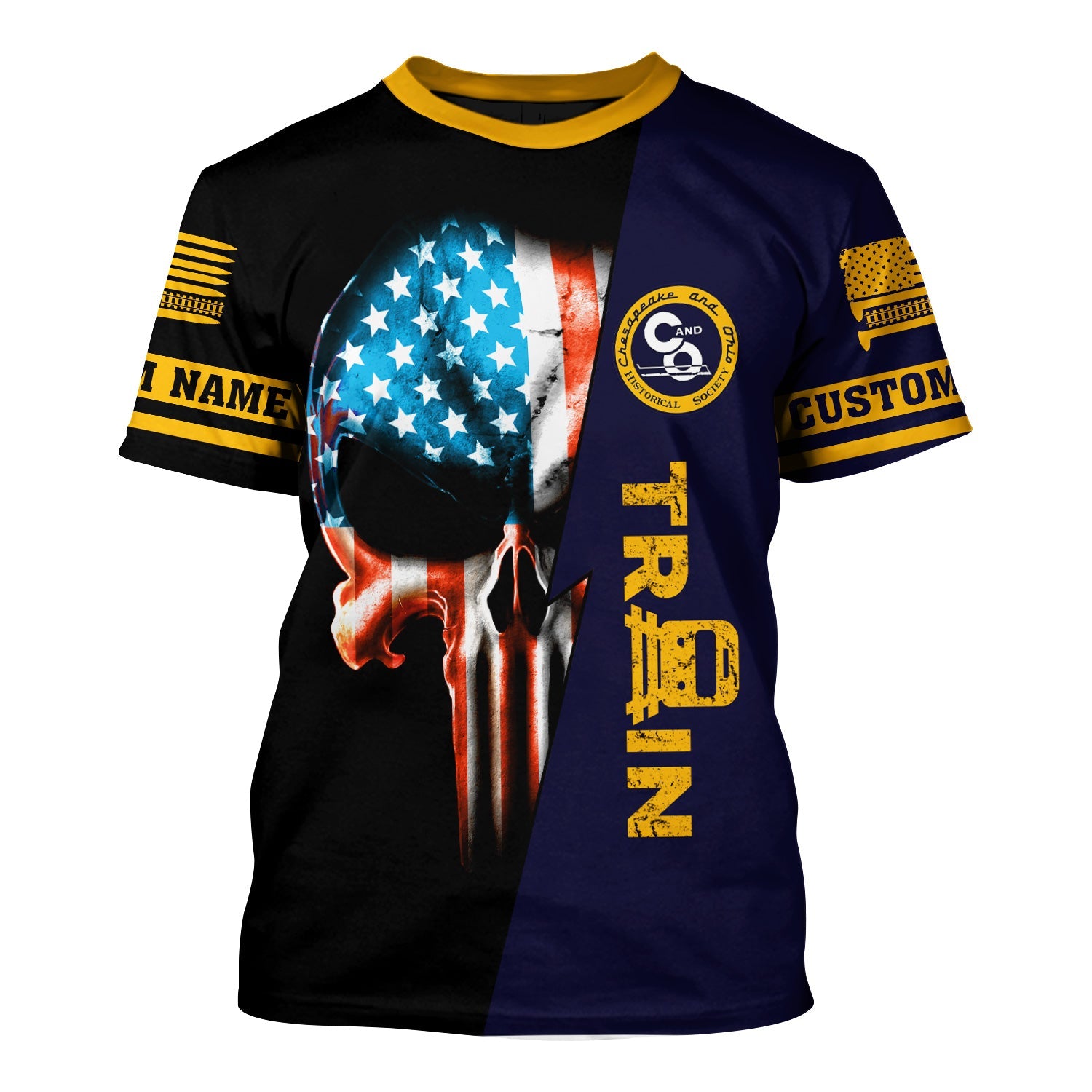 Railspirit Personalized Chesapeake and Ohio Railway T-Shirt Train Skull American Flag C&O Shirt All Over Print