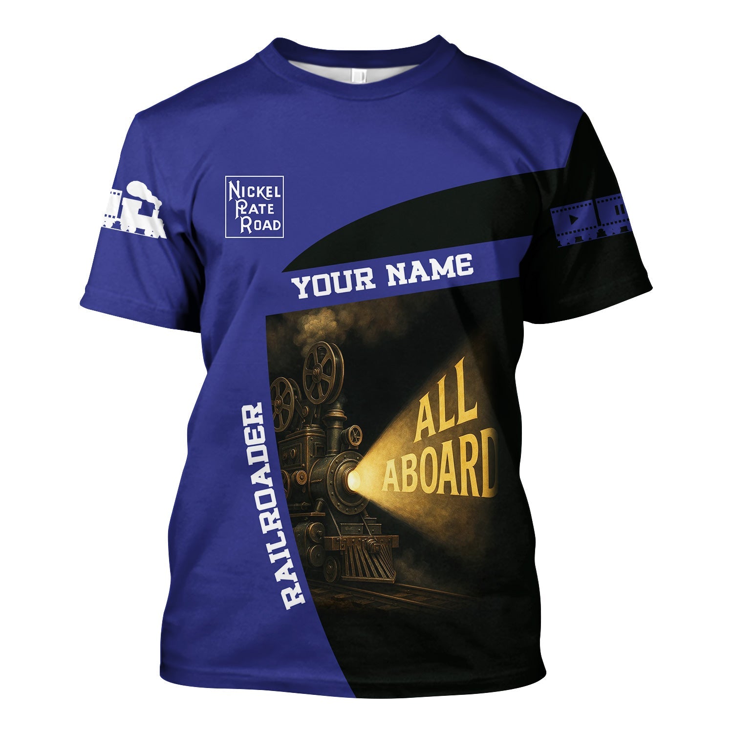 Railspirit Personalized New York, Chicago and St. Louis Railroad T-Shirt All Aboard Steam Train Movie Projector Style Nickel Plate Road Shirt