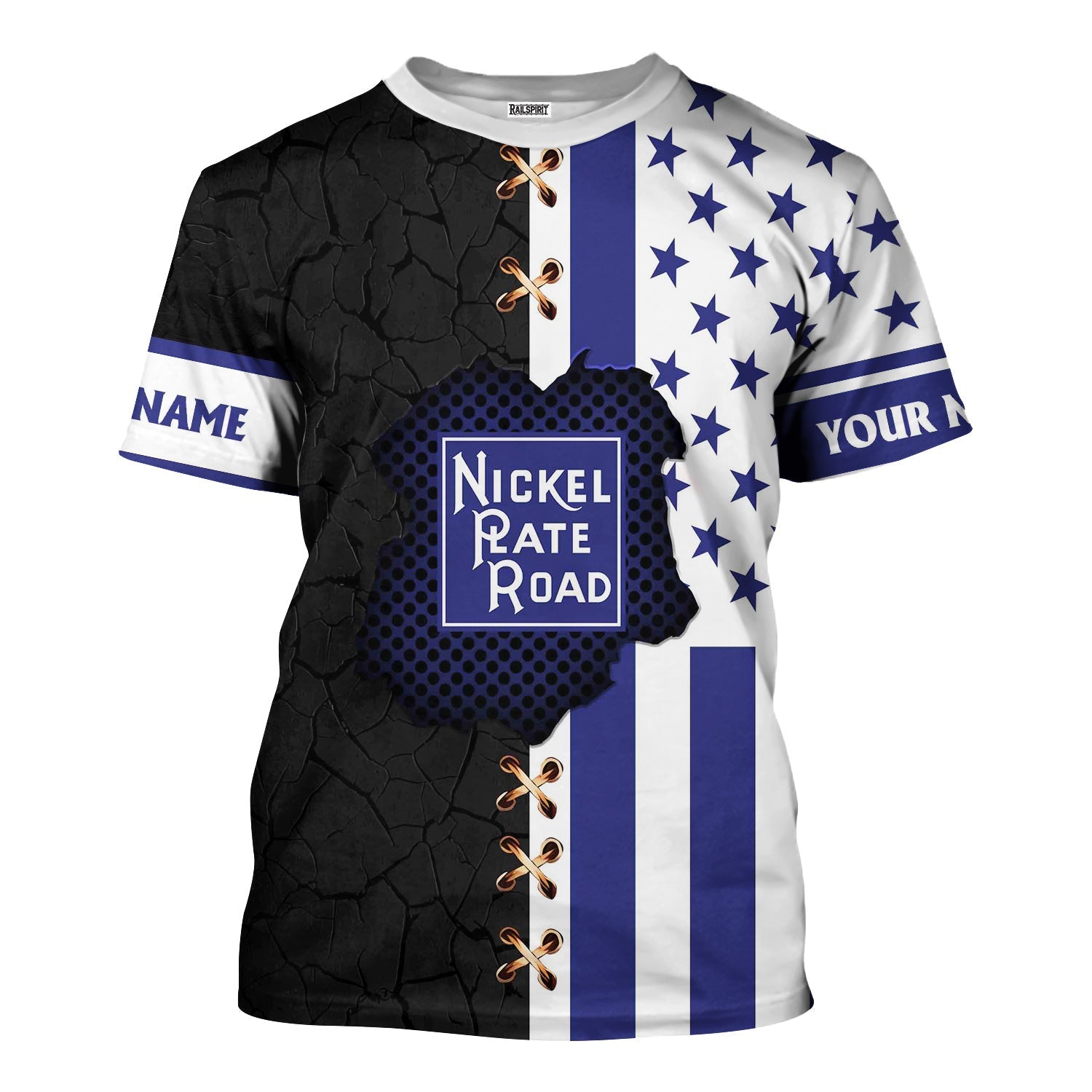 Railspirit Personalized New York, Chicago and St. Louis Railroad T-Shirt American Flag with Crack Effect Nickel Plate Road Train Shirt