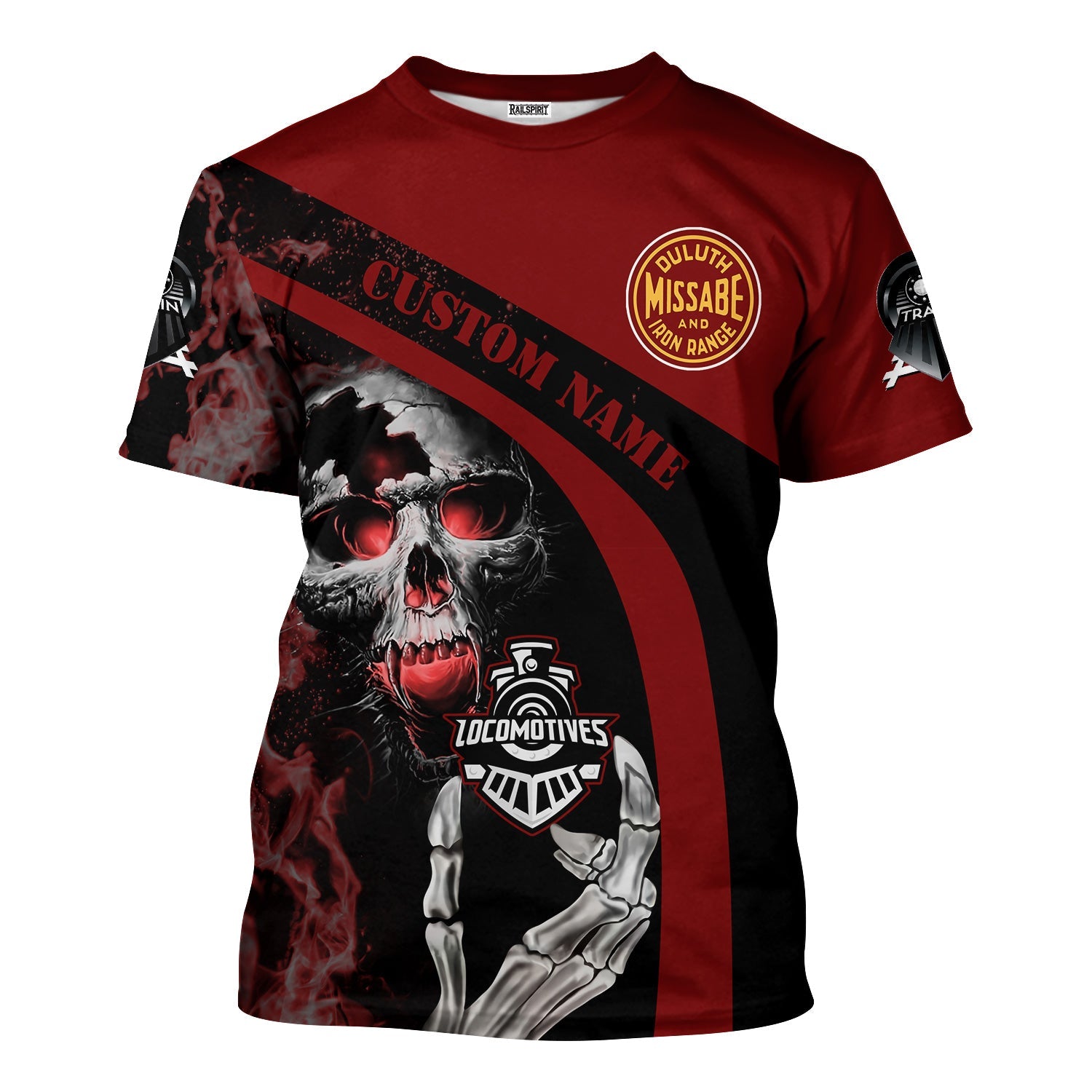 Railspirit Personalized Duluth, Missabe, & Iron Range Railroad T-Shirt Flame Skull Design Train Shirt for Locomotive Fans