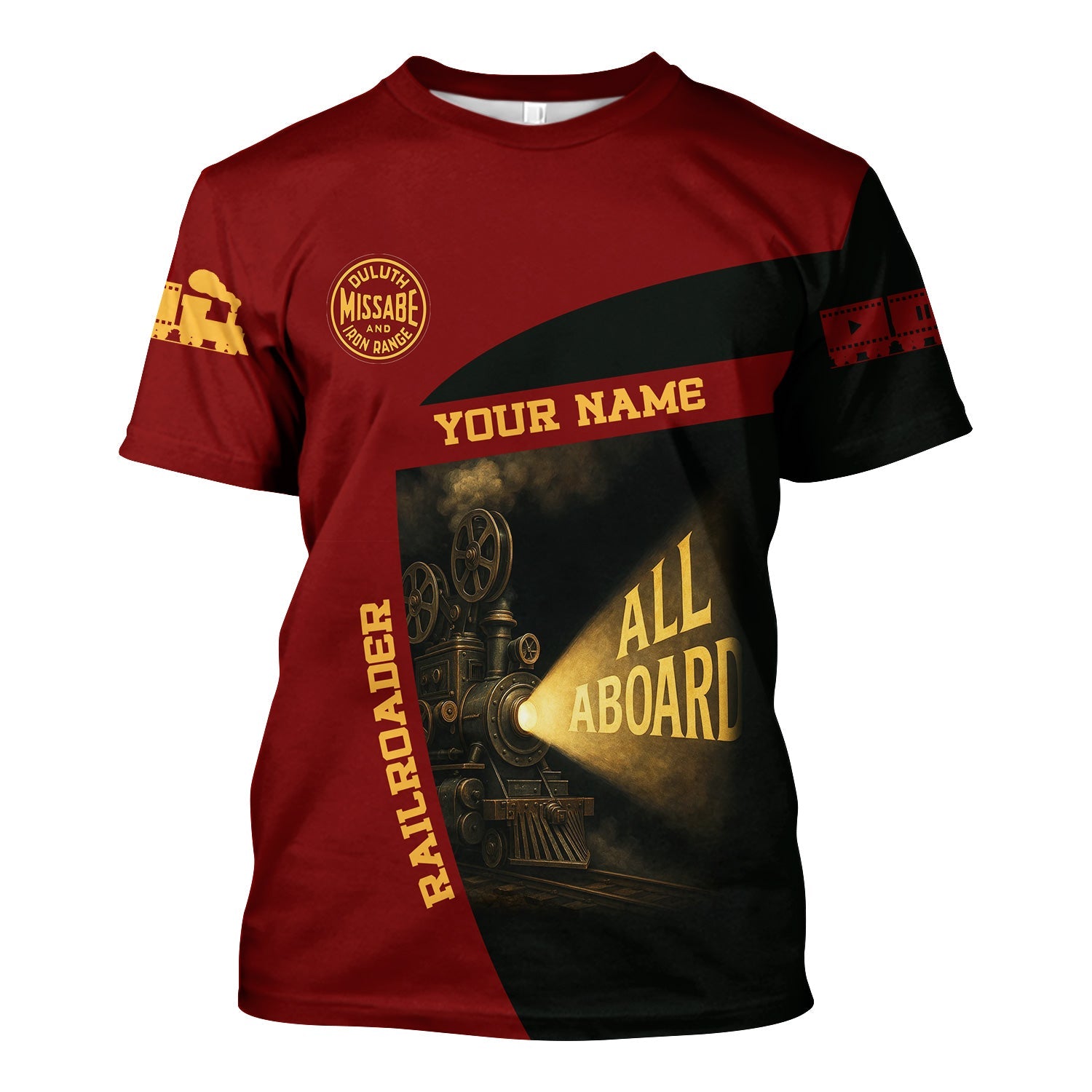 Railspirit Personalized Duluth, Missabe, & Iron Range Railroad T-Shirt All Aboard Steam Train Movie Projector Style Shirt