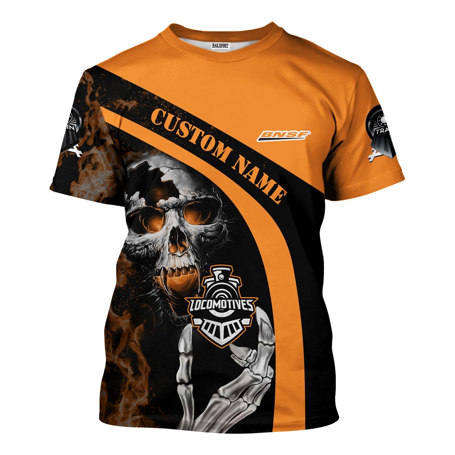 Railspirit Personalized BNSF Railway T-Shirt Flame Skull Design Train Shirt for Locomotive Fans