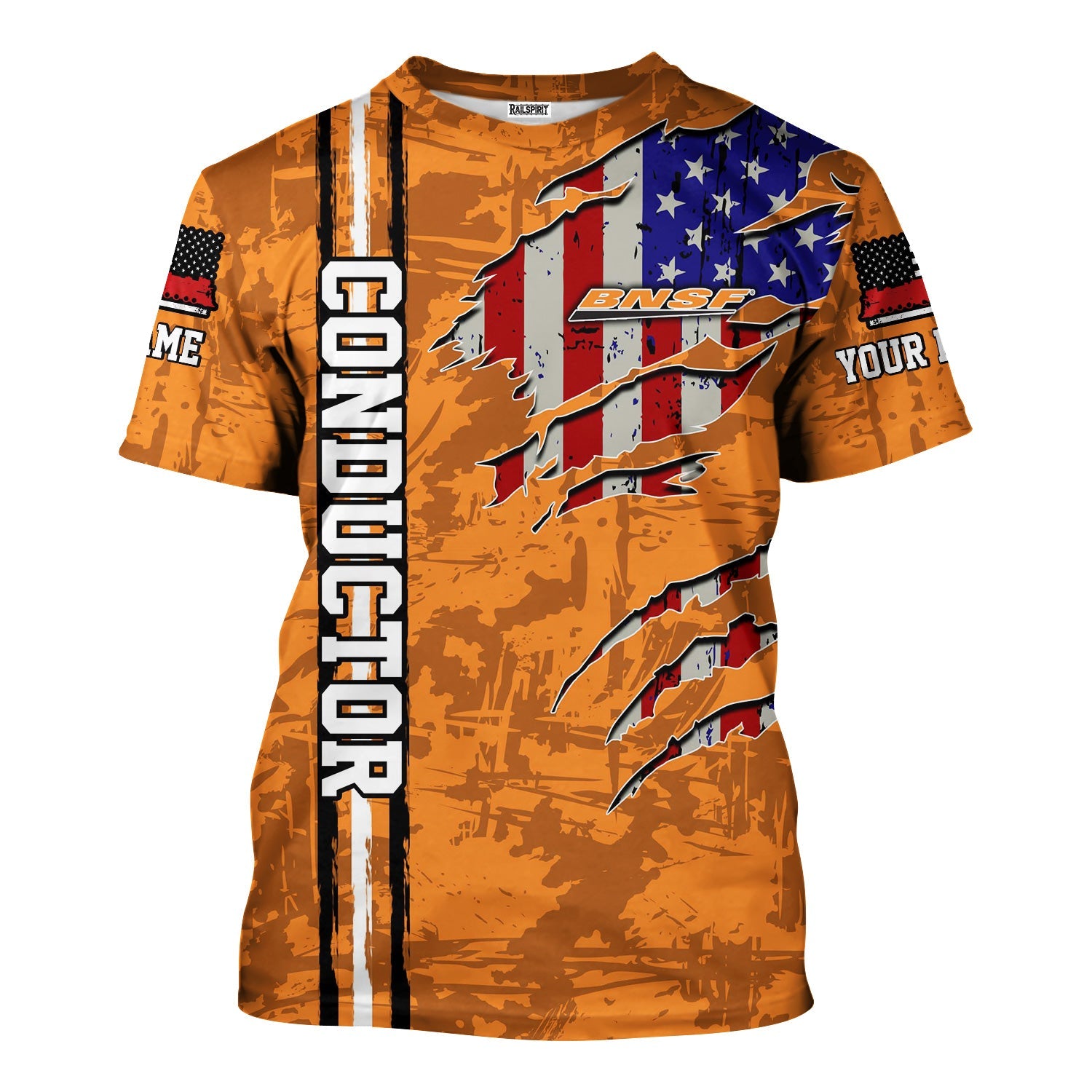 Railspirit Personalized BNSF Railway T-Shirt USA Flag Claw Art with Custom Job Train Shirt