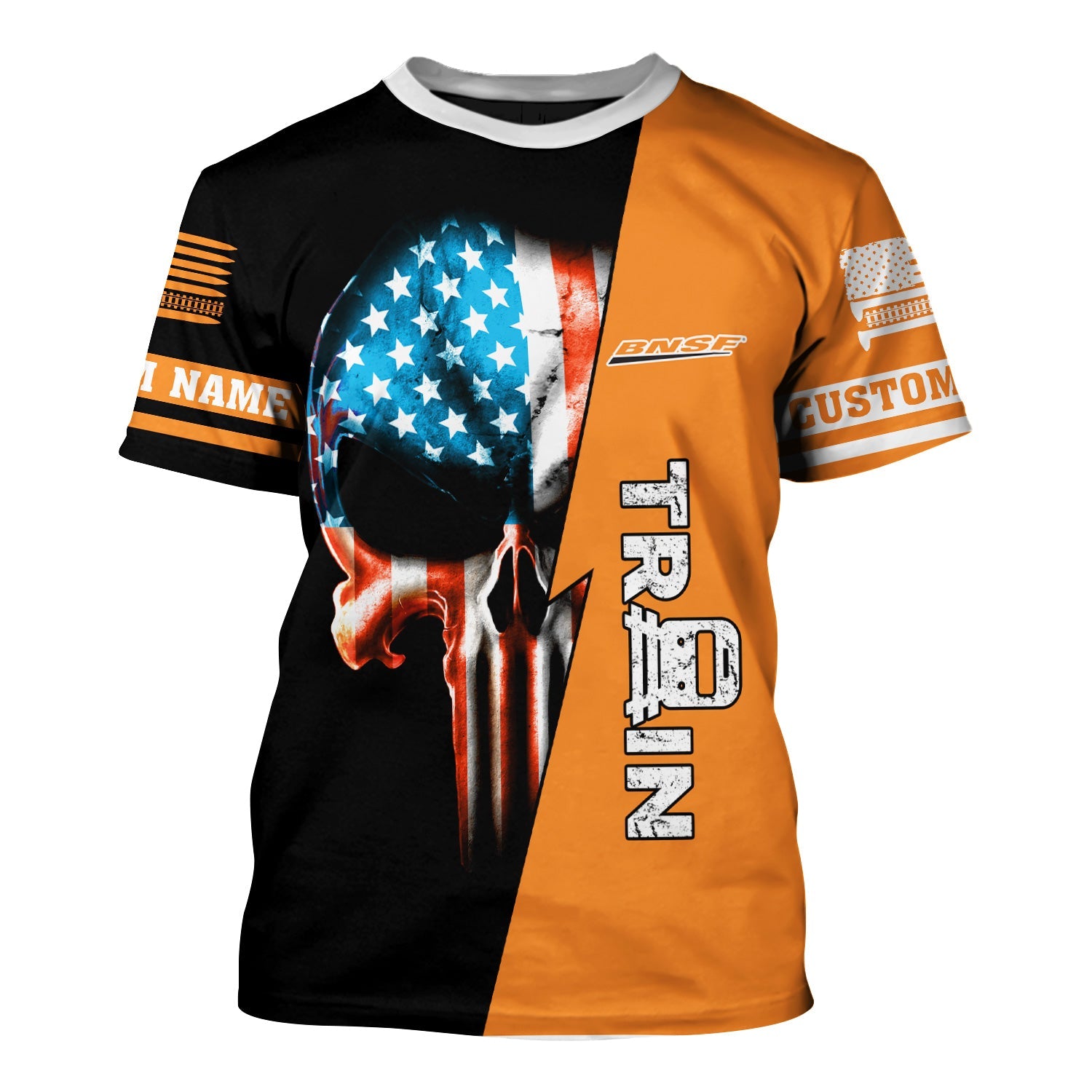 Railspirit Personalized BNSF Railway T-Shirt Train Skull American Flag Shirt All Over Print