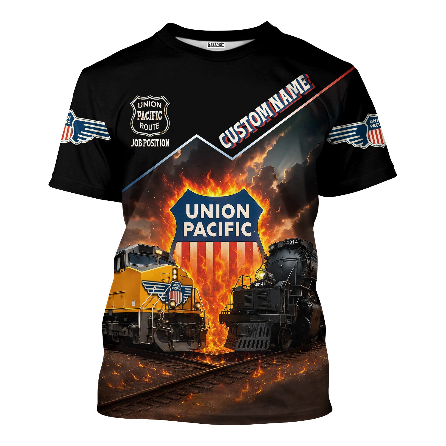 Railspirit Personalized Union Pacific Railroad T-Shirt Big Boy Flame Design with Custom Job Positon Train Shirt