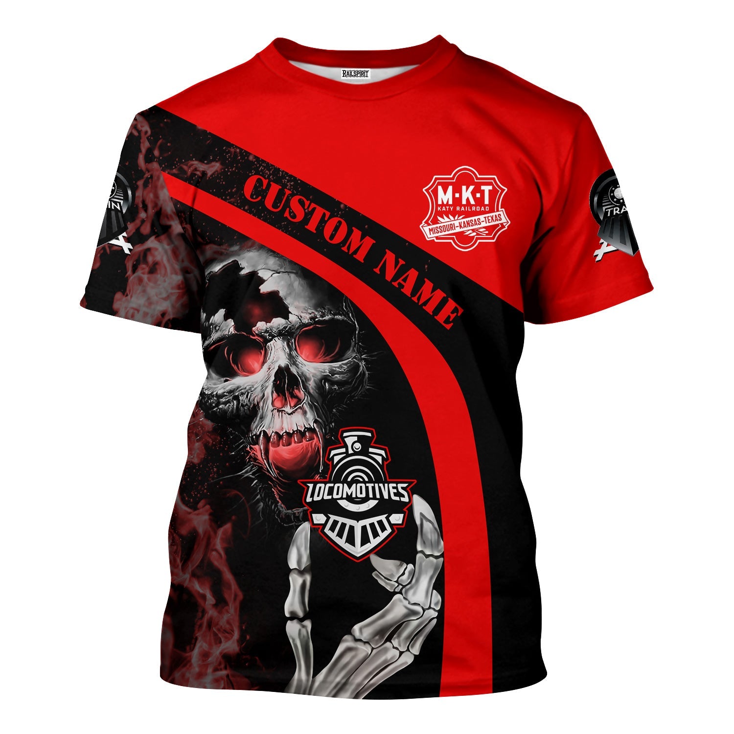 Railspirit Personalized Katy Railroad T-Shirt Flame Skull Design Train Shirt for Locomotive Fans