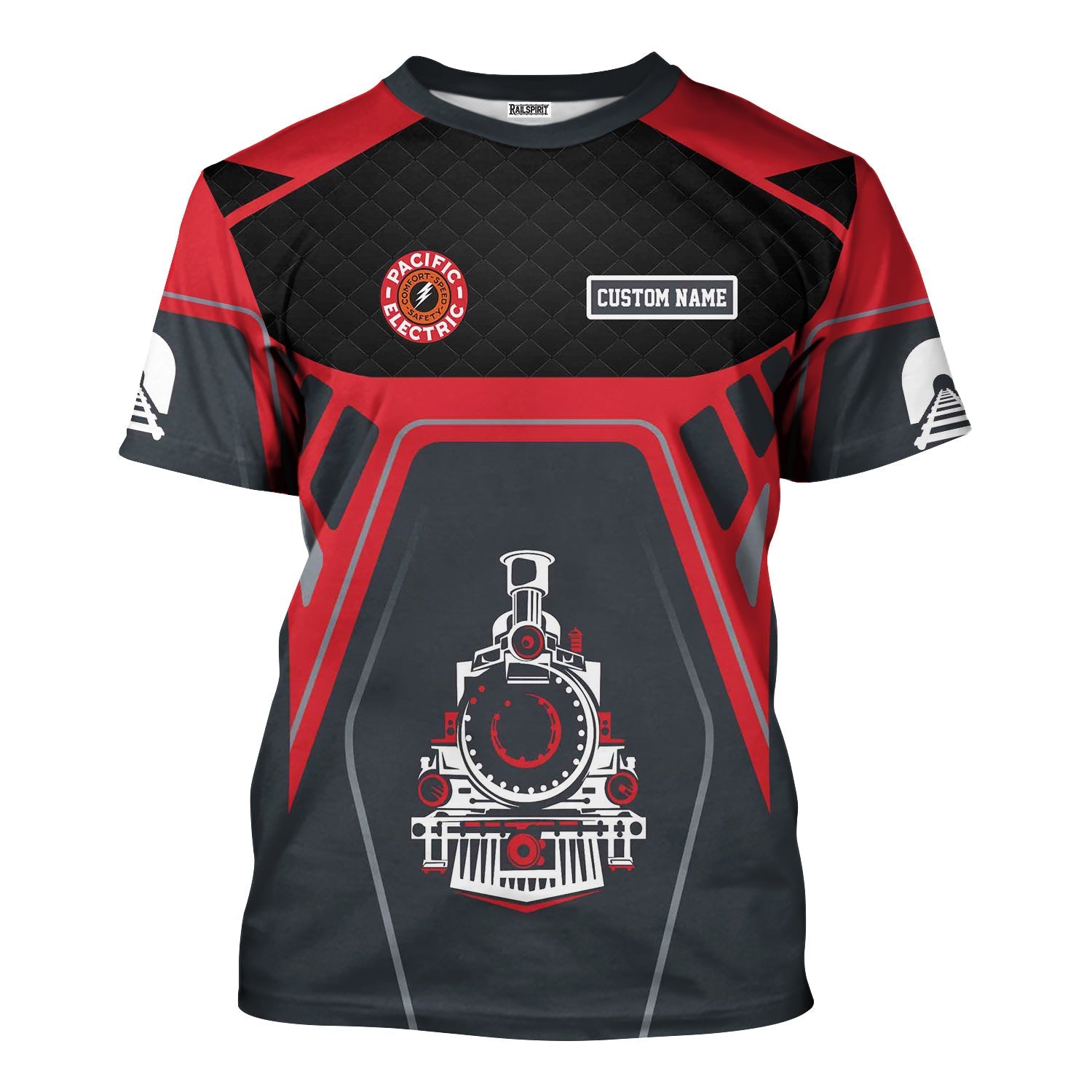 Railspirit Personalized Pacific Electric Railroad T-Shirt Steam Locomotive Engine Graphic Train Shirt All Over Print