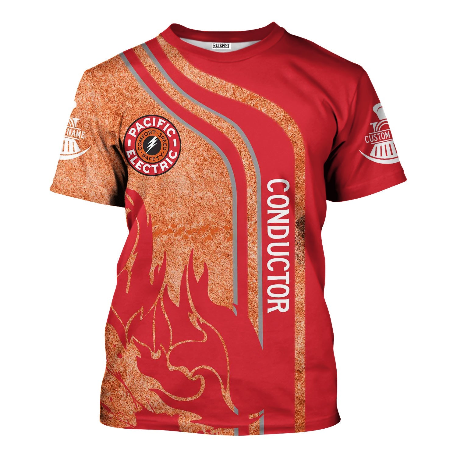 Railspirit Personalized Pacific Electric Railroad T-Shirt Flame Design with Custom Job Position Train Shirt