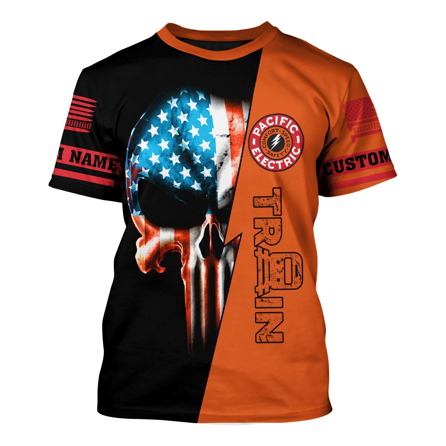 Railspirit Personalized Pacific Electric Railroad T-Shirt Train Skull American Flag Shirt All Over Print