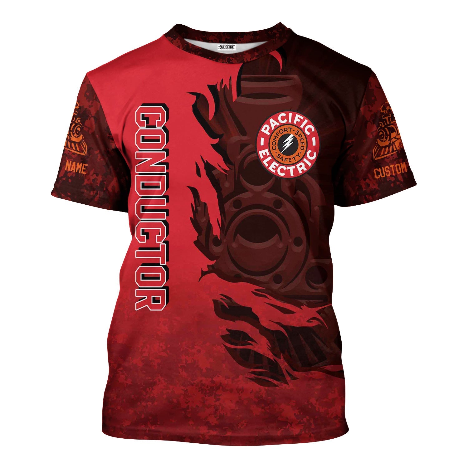 Railspirit Personalized Pacific Electric Railroad T-Shirt Blazing Style with Custom Position Train Shirt