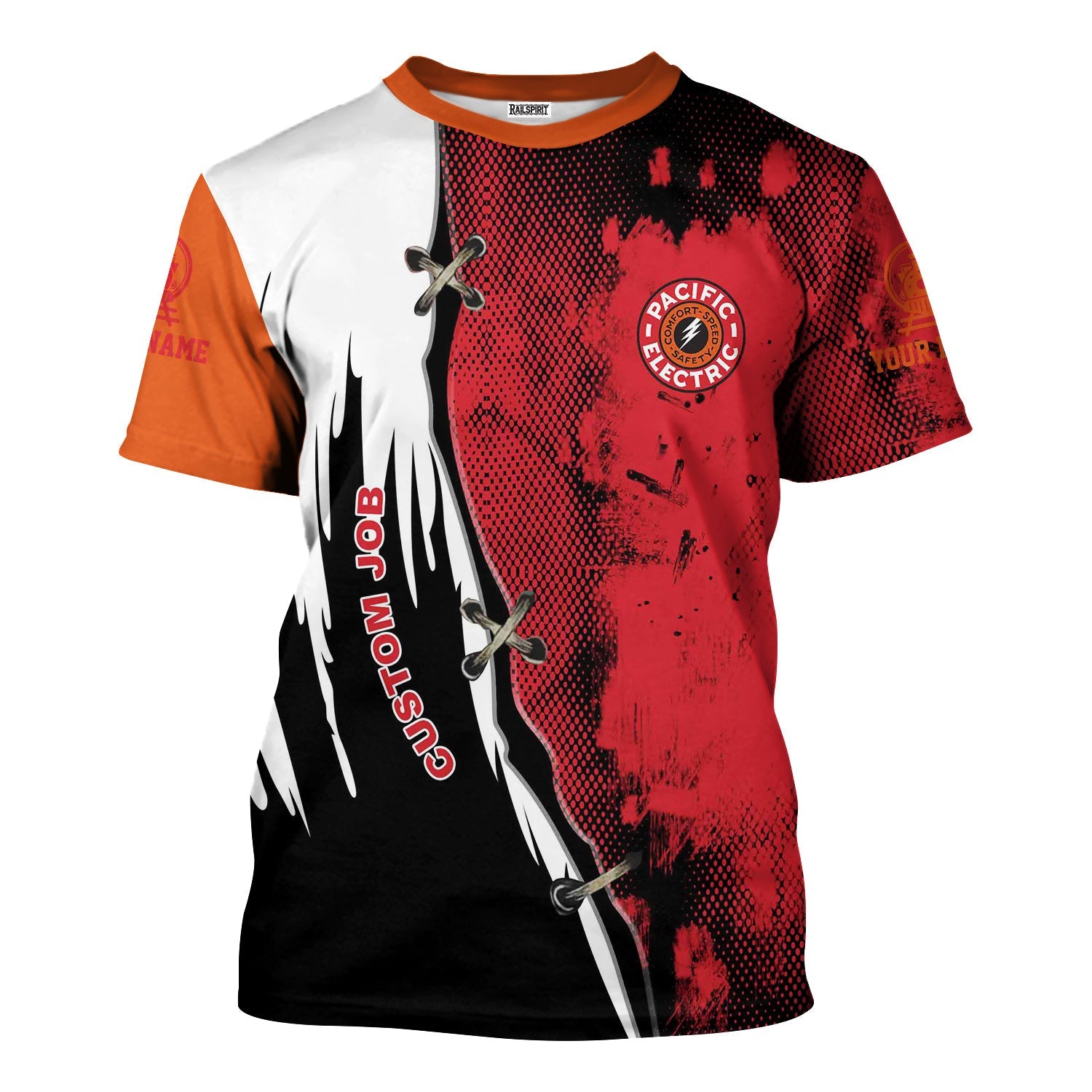 Railspirit Personalized Pacific Electric Railroad T-Shirt Retro Stitches Design with Custom Position Train Shirt