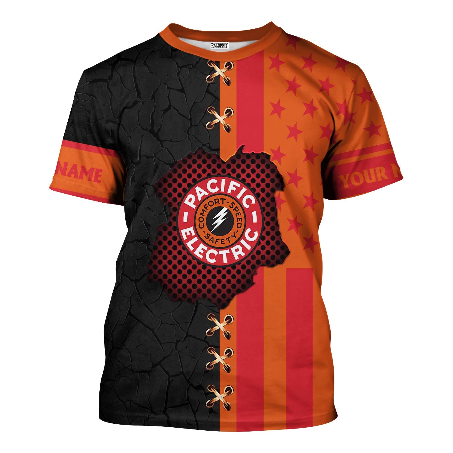 Railspirit Personalized Pacific Electric Railroad T-Shirt American Flag with Crack Effect Train Shirt