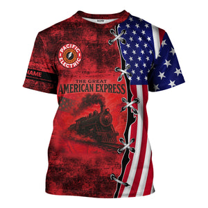 Railspirit Personalized Pacific Electric Railroad T-Shirt Retro American Express Train With USA Flag Shirt