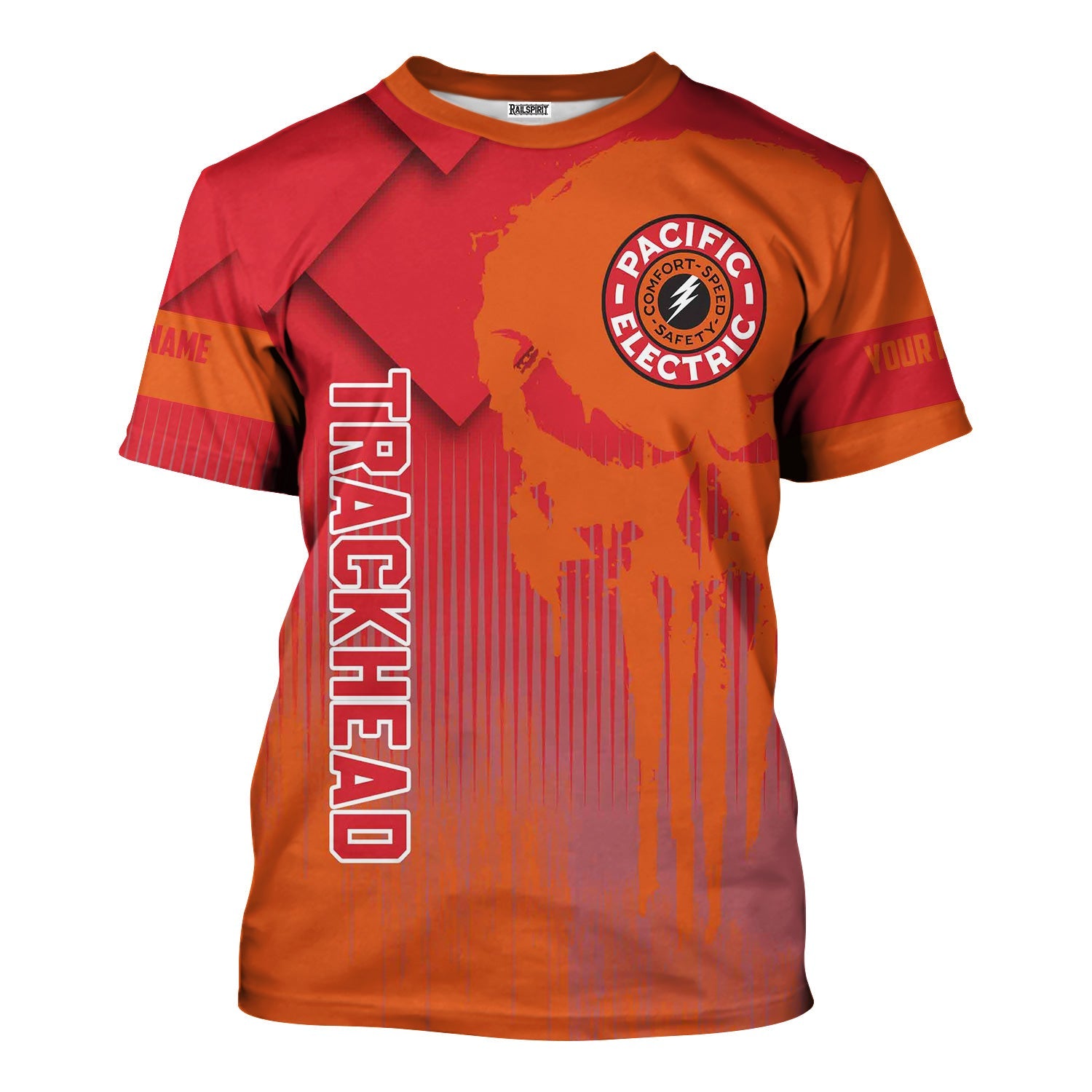 Railspirit Personalized Pacific Electric Railroad T-Shirt Skull Design with Custom Job Train Shirt for Trackhead Crew