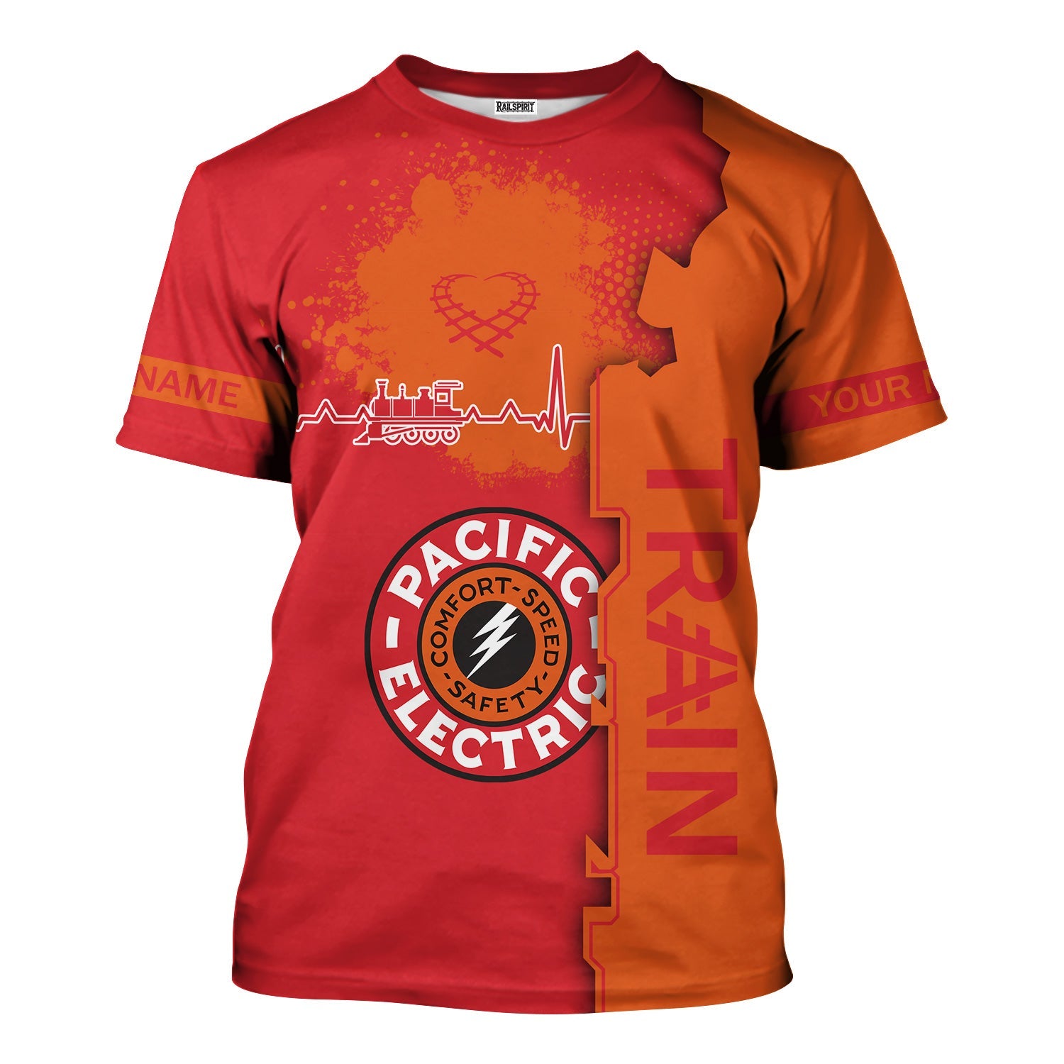 Railspirit Personalized Pacific Electric Railroad T-Shirt Engine Heartbeat and Track Love Style Shirt Gift Idea For Train Lovers