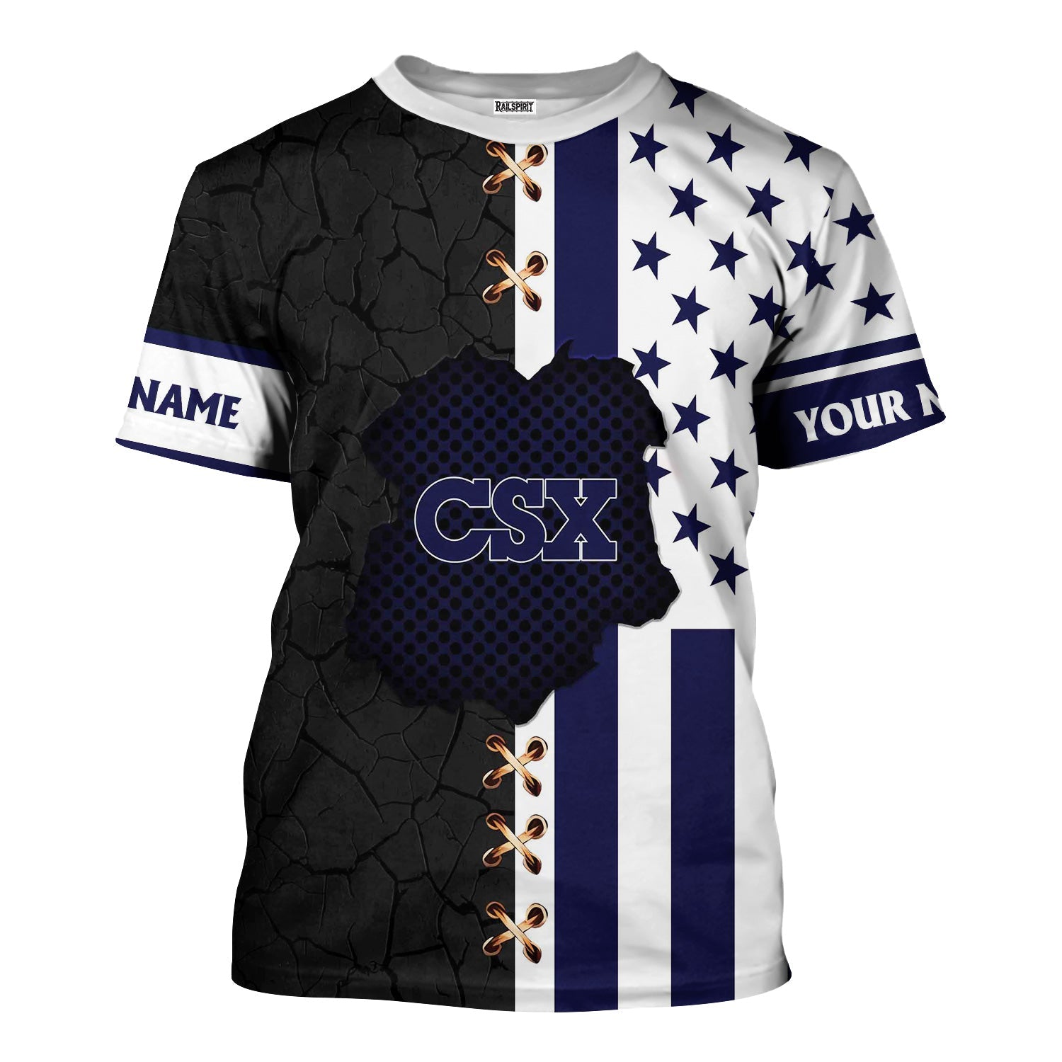 Railspirit Personalized CSX Transportation Railroad T-Shirt American Flag with Crack Effect Train Shirt